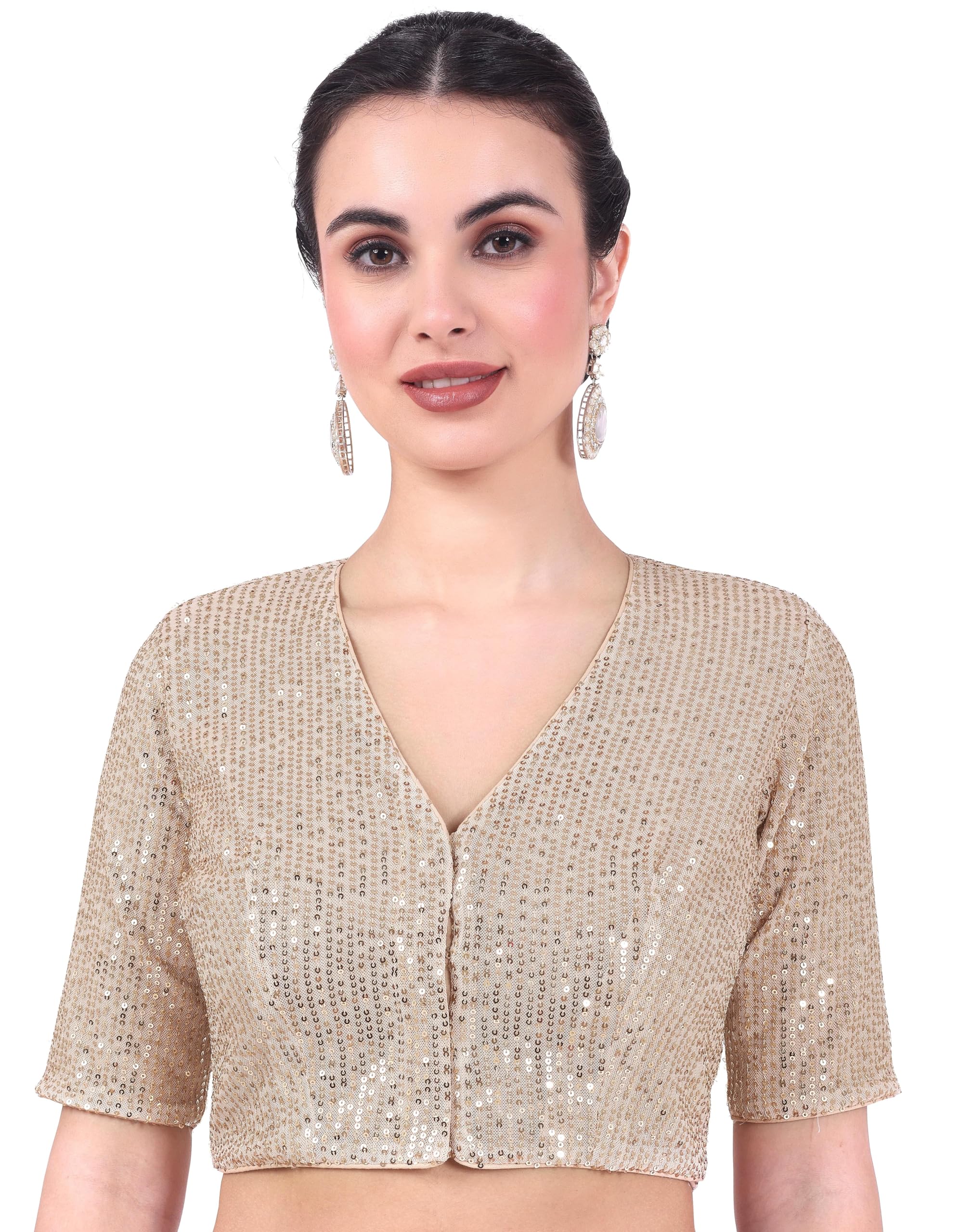 Cotton Women's V Neck Sequin Readymade Saree With Elbow Length Sleeves Blouse