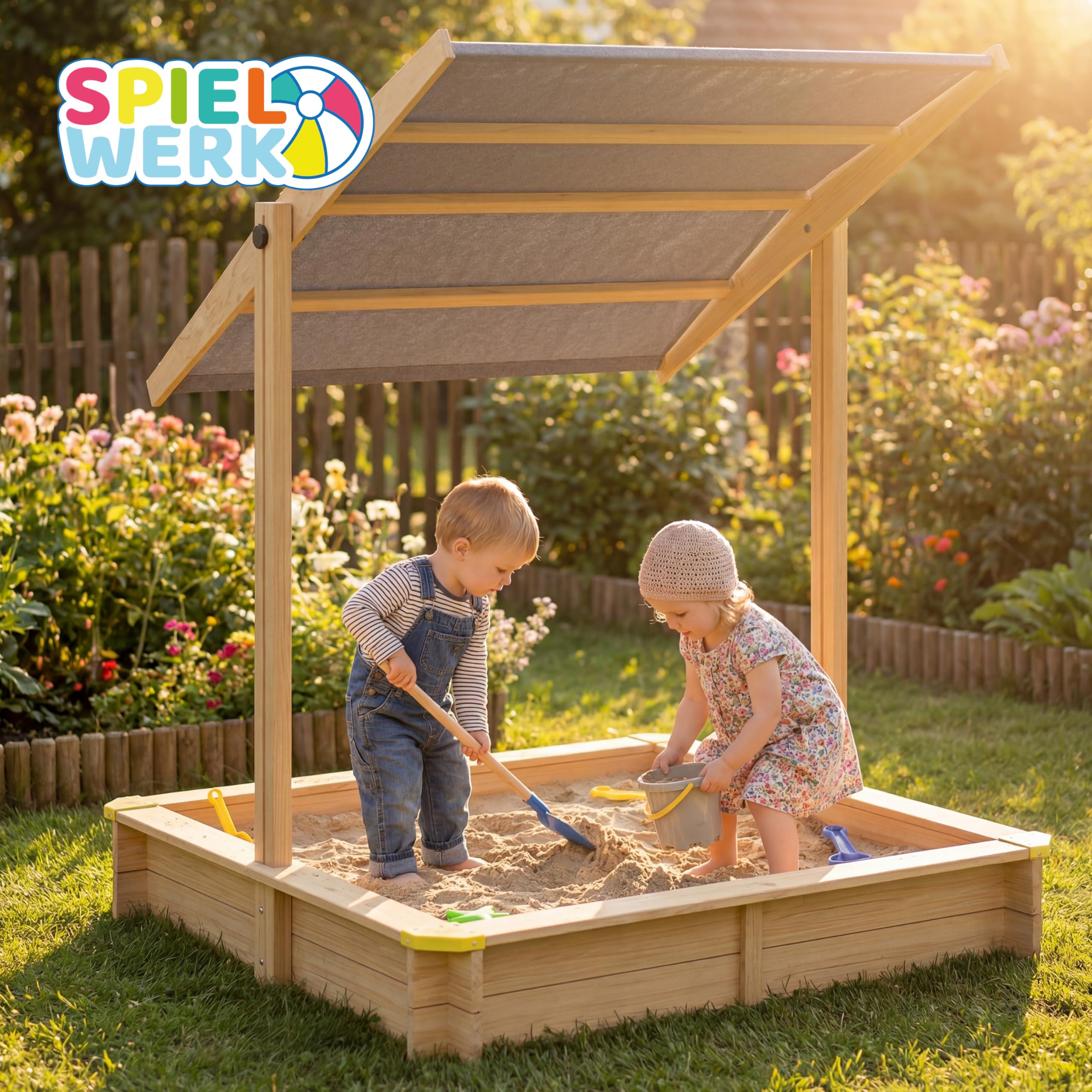 Spielwerk® Sandkasten Samu Sonnendach 120x120cm naturbelassenes Holz Füllstand Skala UV 50 Kantenschutz Bodenvlies Sandspielzeug Kinder Sandbox Sandkiste