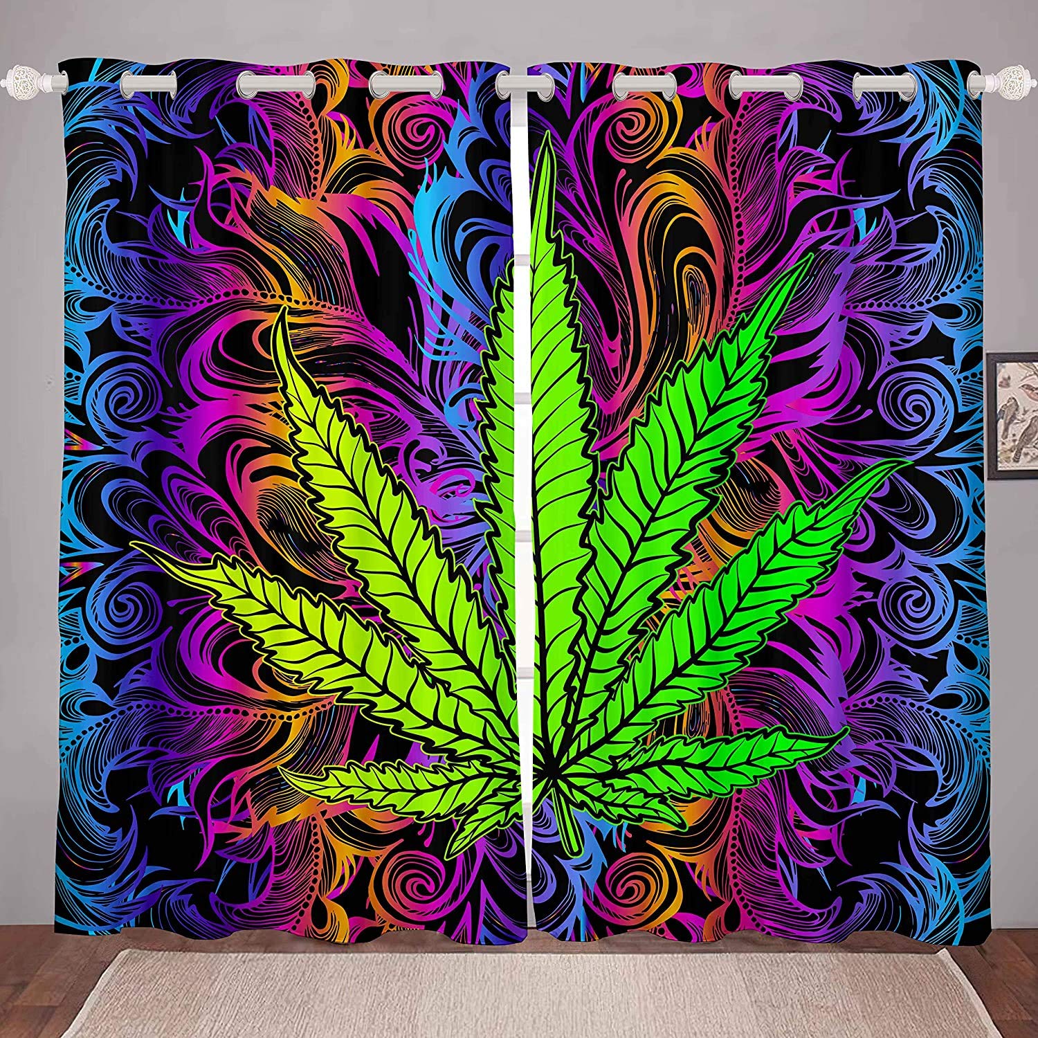 Homemissing Men's Multi 7 Teens Marijuana Weed Curtain Cannabis Leaf Window Drapes Wo Colorful Marijuana Leaf Design Window Treatts For Adults Room Psychedelic Window Curtains W46*L54