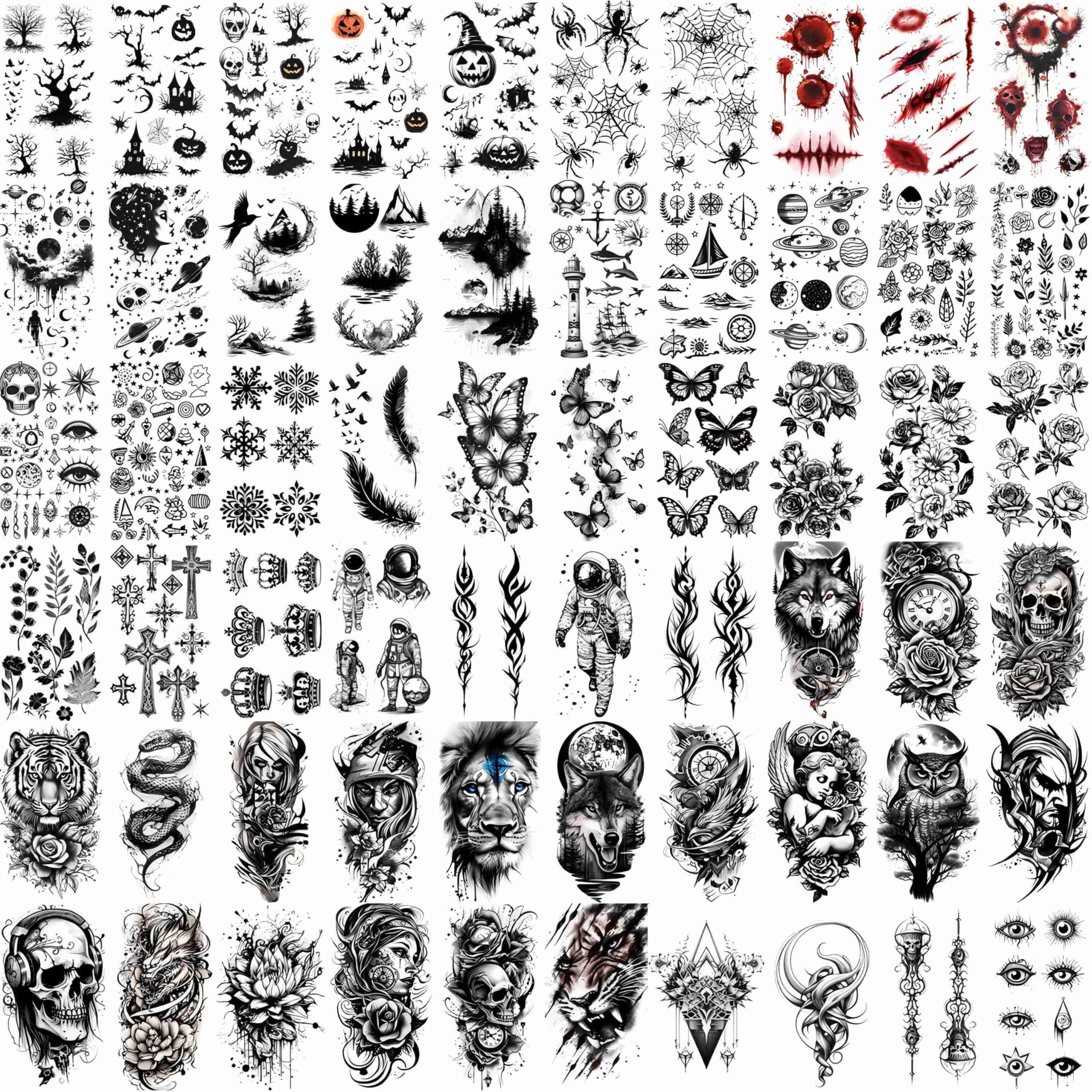 72 Sheets Super Temporary Tattoos for Men Women Adults, Black 3D Realistic Scary Animals Skulls Scars - Image 2