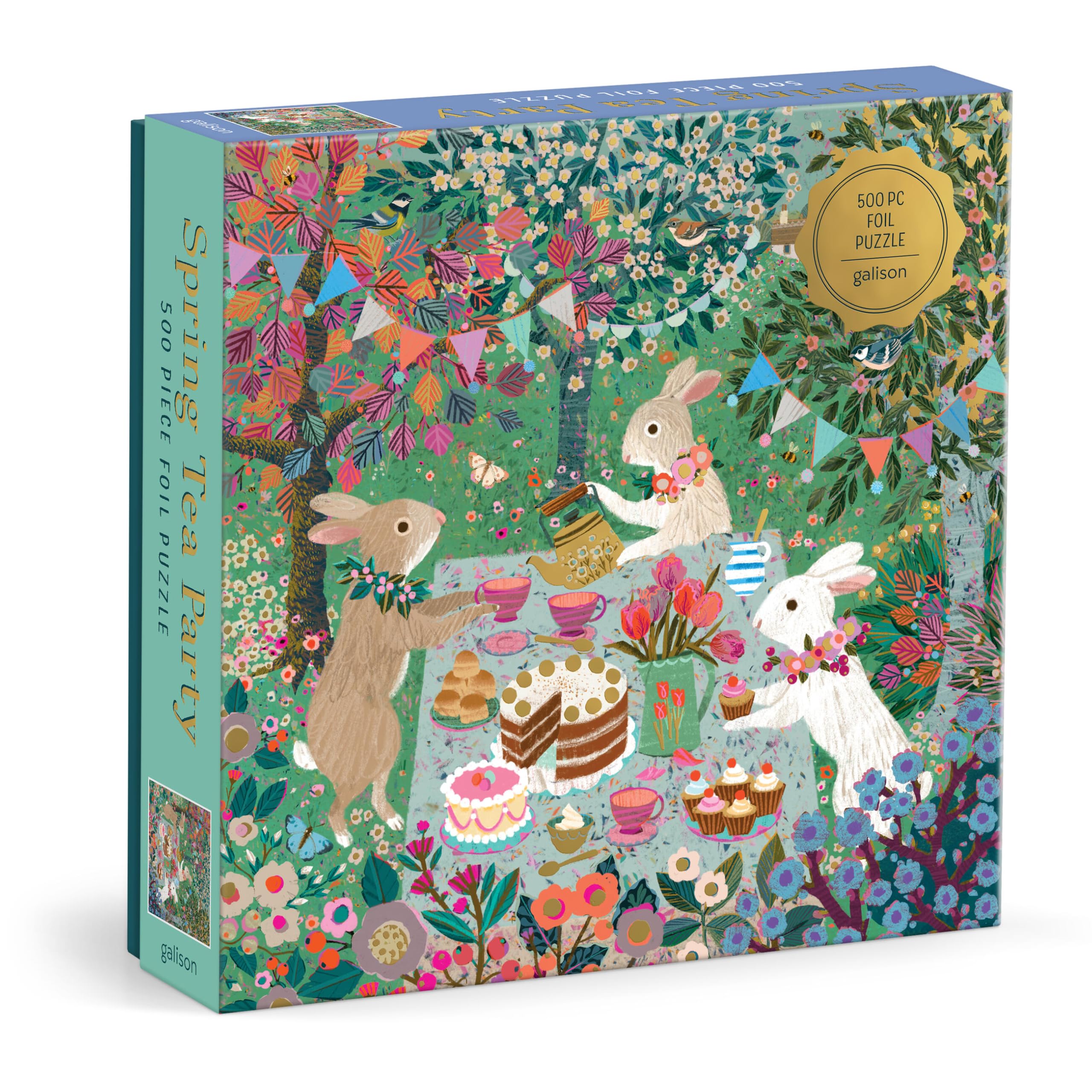 Galison Spring Tea Party – 500 Piece Foil Jigsaw Puzzle Featuring Beautiful Artwork of Rabbits Enjoying A Tea Party