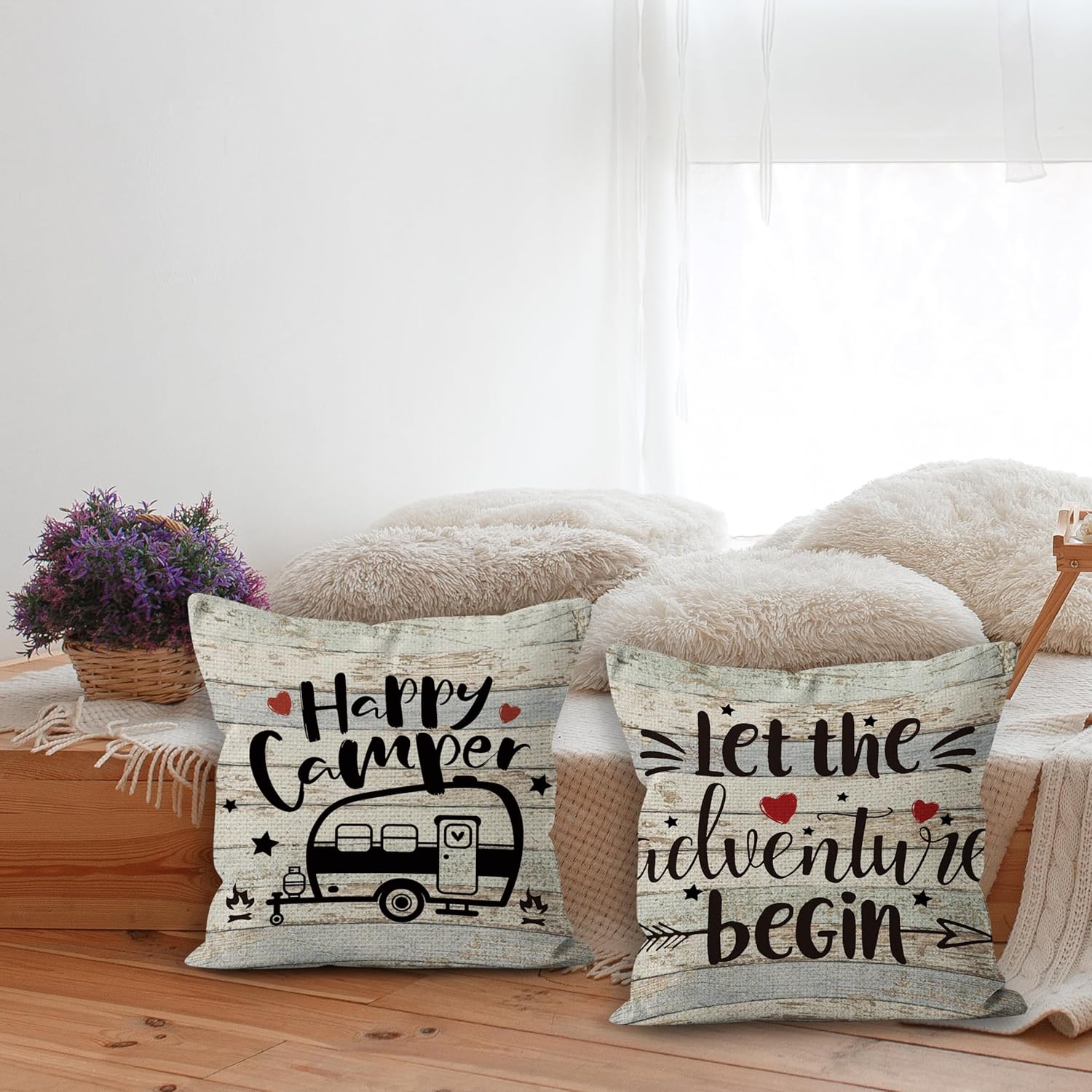 Happy Camper Linen Throw Pillow Case, 18 x 18 Inch Set of 2, Camping Lovers Gifts, Campers Gifts, Camper Decor, RV Decor, Trailer Pillow Cushion Cover for Sofa Couch Bed - Image 4