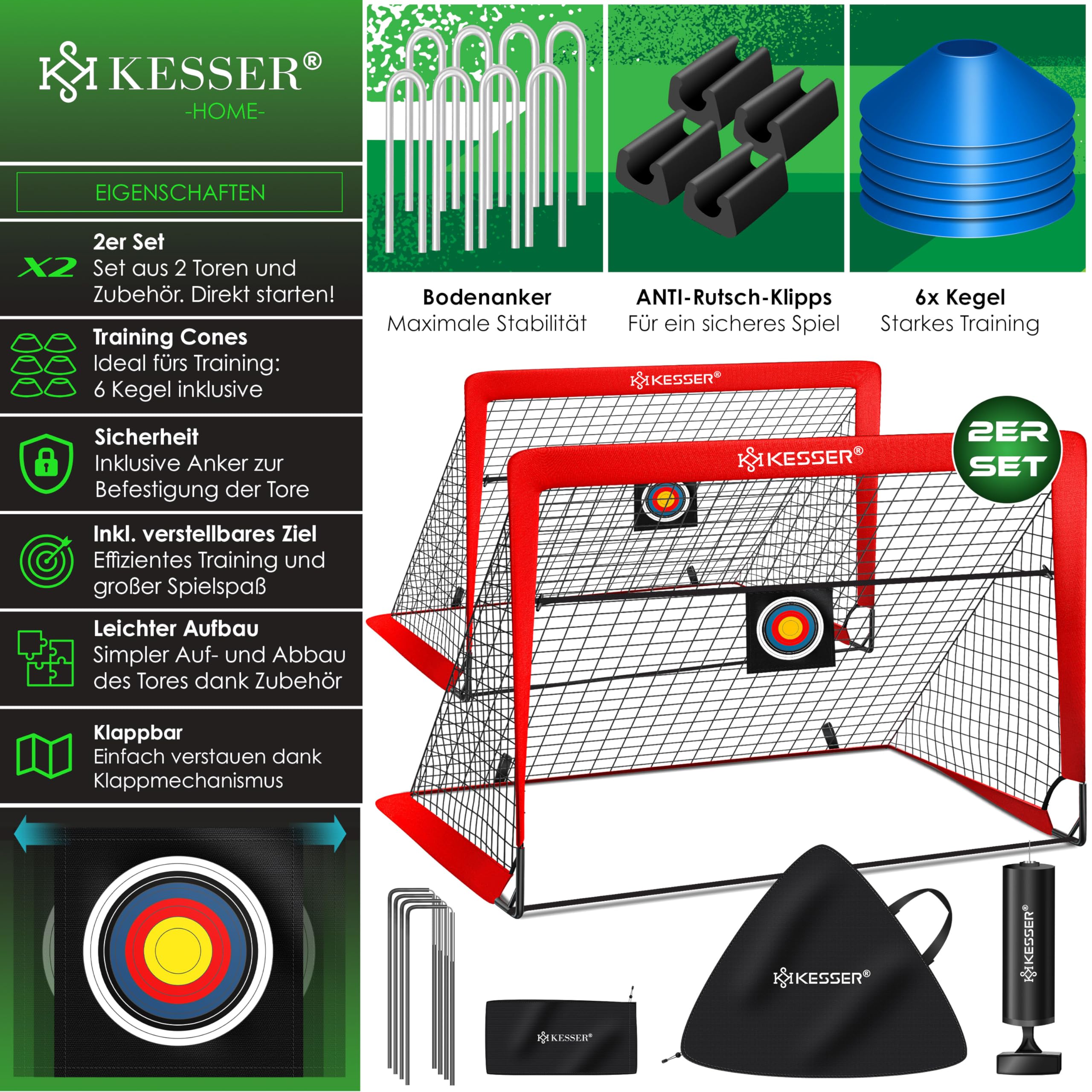 KESSER® Cancelli da calcio per bambini,Set di 2 | Porte da calcio pieghevoli in fibra di vetro per interni, esterni e giardini | Con borsa per il trasporto 6X coni + Pompa,