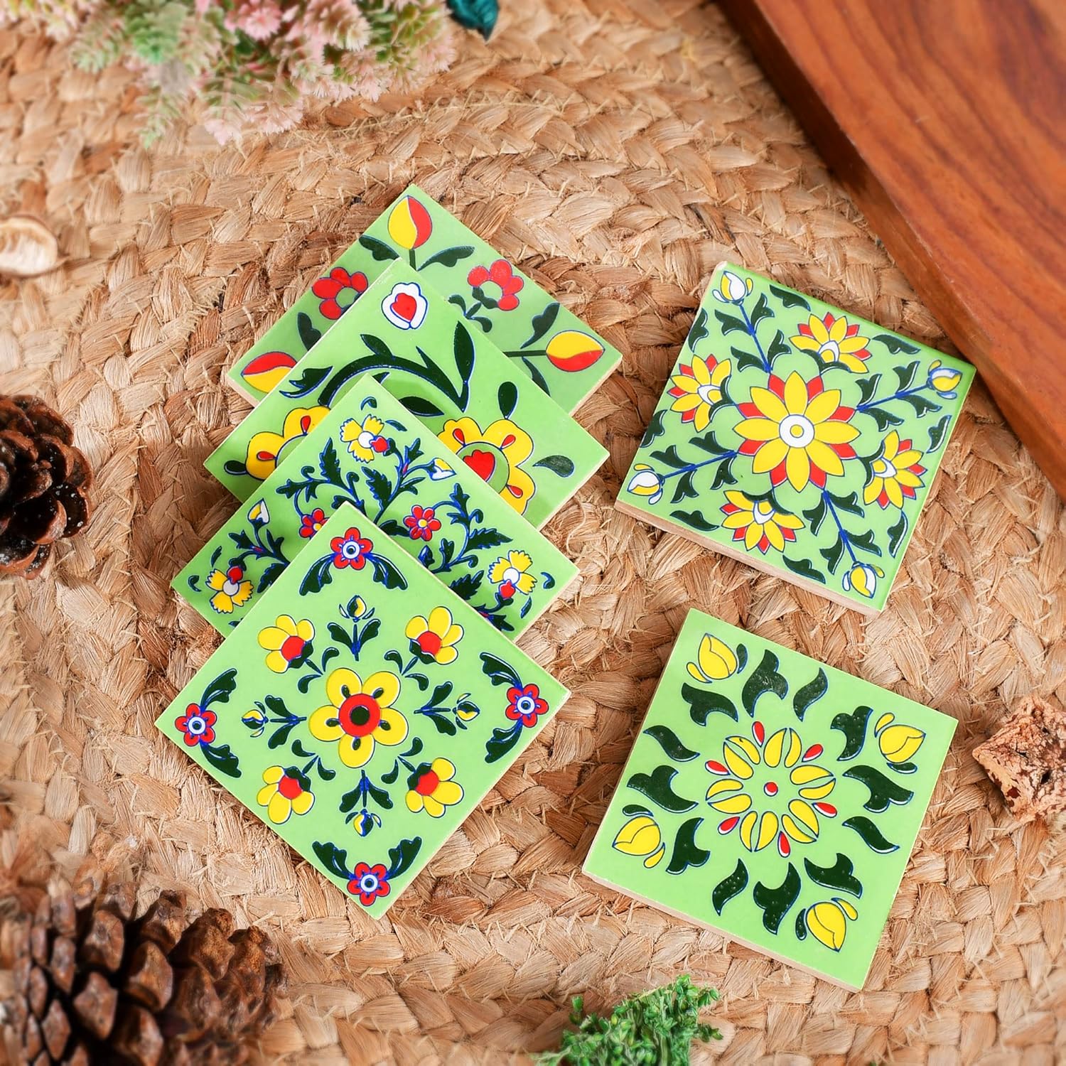 Floral Ceramic Mosaic Tiles (3x3-inches, Set of 6)