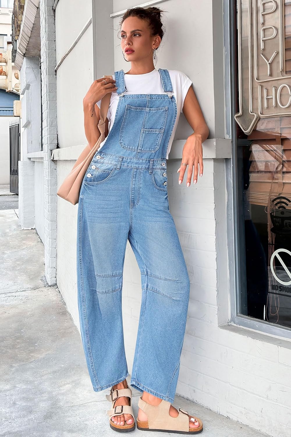 PLNOTME Womens Denim Bib Overalls Barrel Leg Adjustable Strap Jean Pants Jumpsuits with Pockets - Image 2