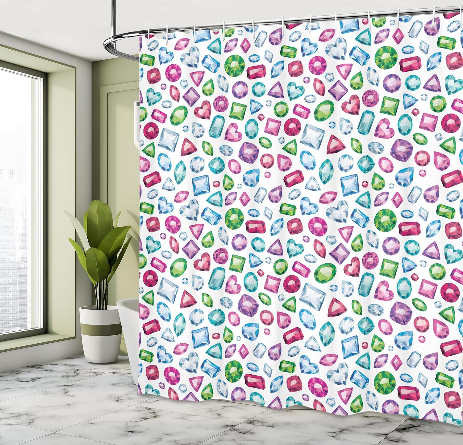 Ambesonne Diamond Shower Curtain, Heart Geometric Shaped Colorful Little Diamonds Precious Gemstones Crystals Pattern, Cloth Fabric Bathroom Decor Set with Hooks, 69" W x 70" L, White Multicolor
