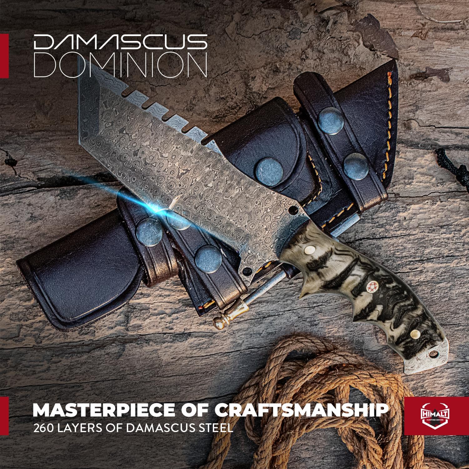 Marshal Tracker 3100 Handmade 10.5" Damascus Knife- Fixed Blade Hunting Knife with sheath-Bushcraft,Survival & Camping Knife-Ideal For EDC.Best Hunting Knife For Men (Ram's Horn Handle)