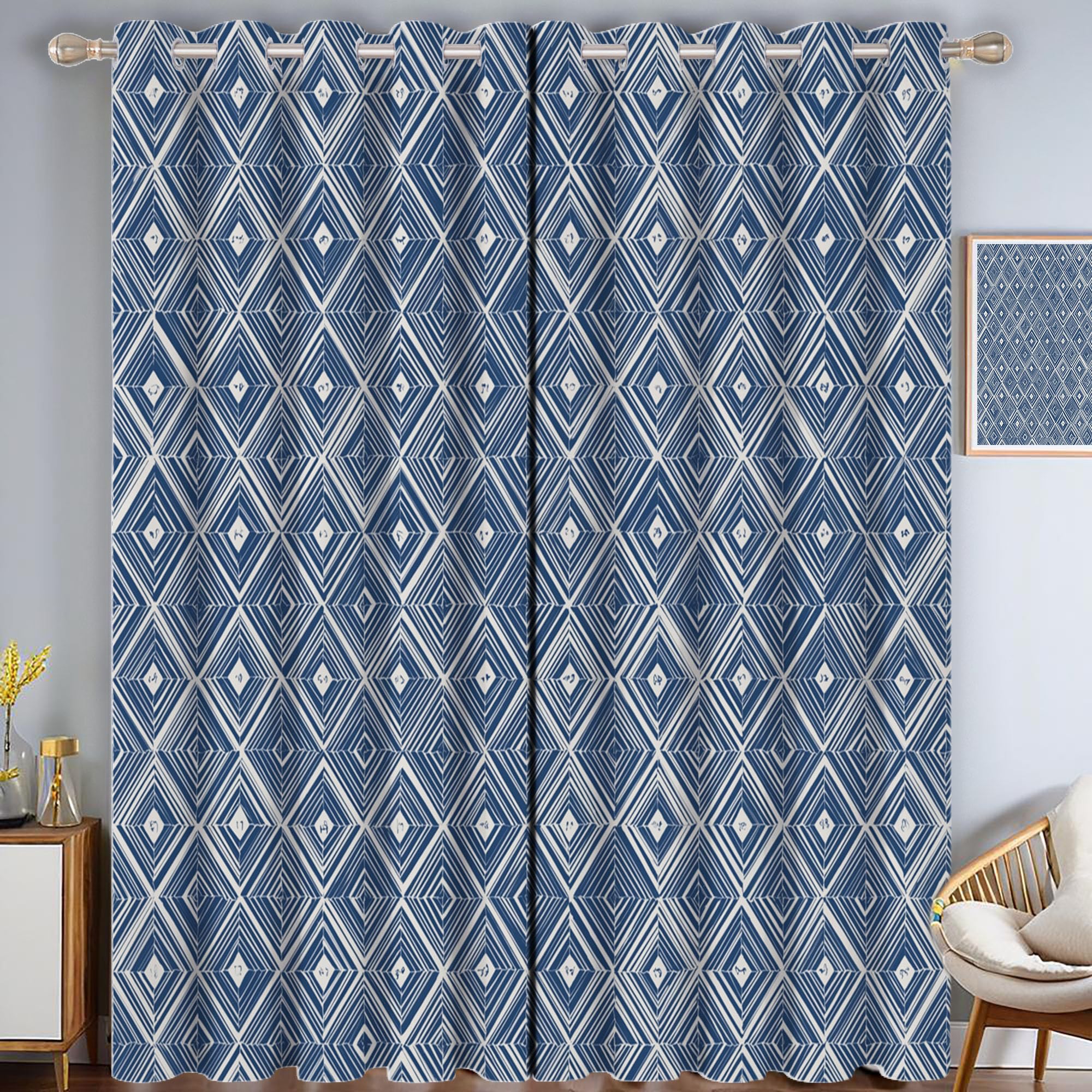Rideau indigo à oeillet 140x200 cm avec motif diamant pour chambre et salon