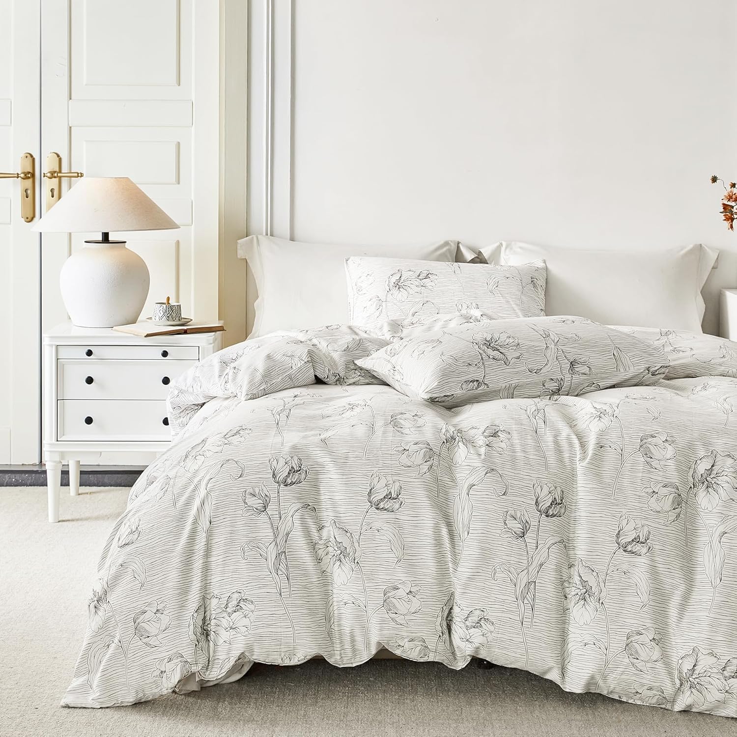 YuHeGuoJi Sketch Botanical Duvet Cover Queen 100% Cotton 3 Pcs Set 1 Black White Floral Duvet Cover with Zipper Ties 2 Pillowcases Farmhouse Graffiti Cartoon Flower Bedding Set Soft