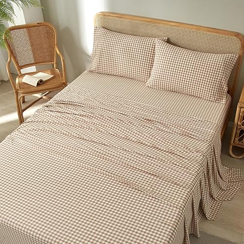 Miniatura 4 de LifeTB Tan Gingham - Juego de sábanas tamaño Queen, transpirables, suaves, color beige, gris topo, sábanas a cuadros 100% algodón lavado con