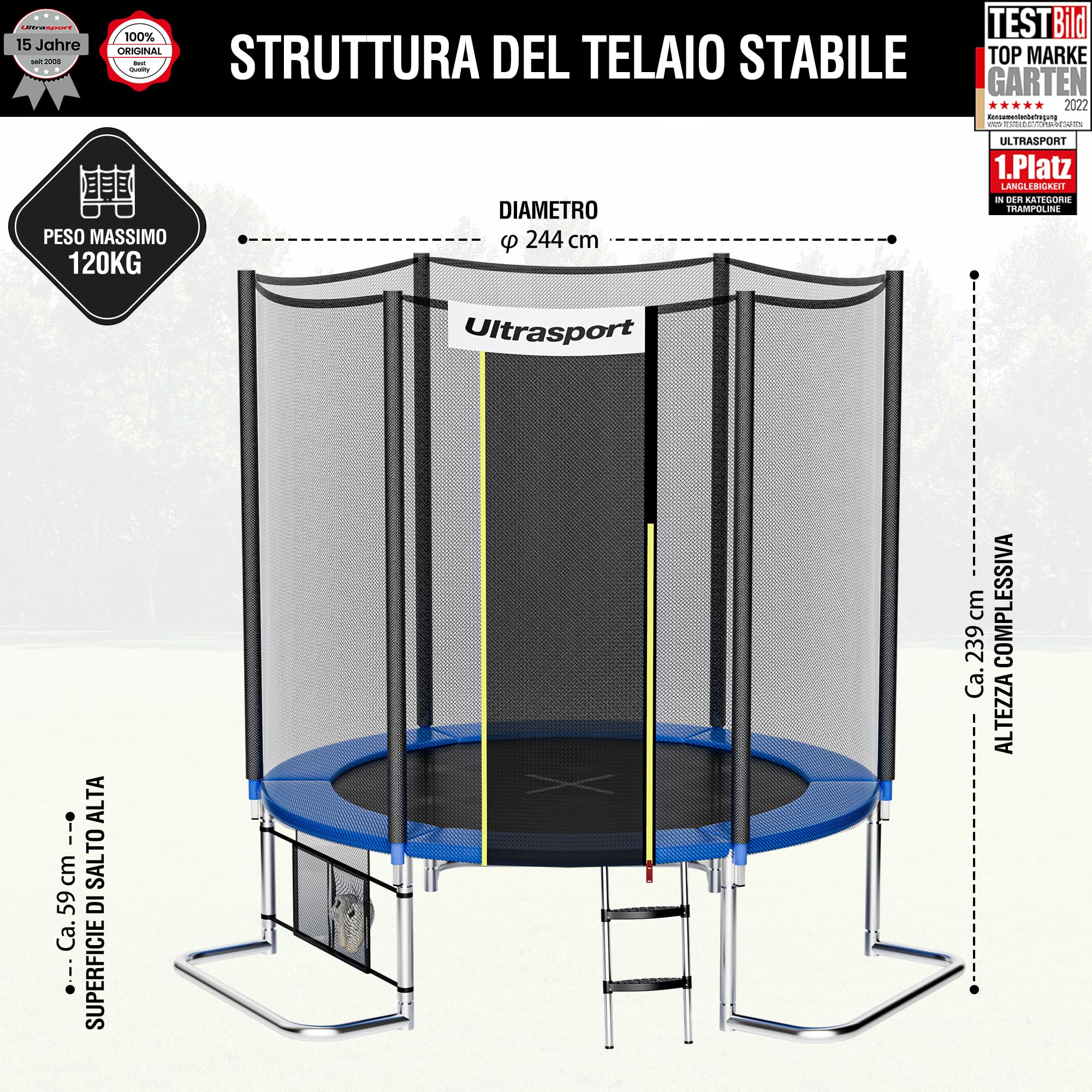 Ultrasport Jumper Trampolino da giardino, set completo trampolino, inclusi tappeto elastico, rete di sicurezza, pali della rete imbottiti e rivestimento dei bordi, Blu, Ø 251 cm