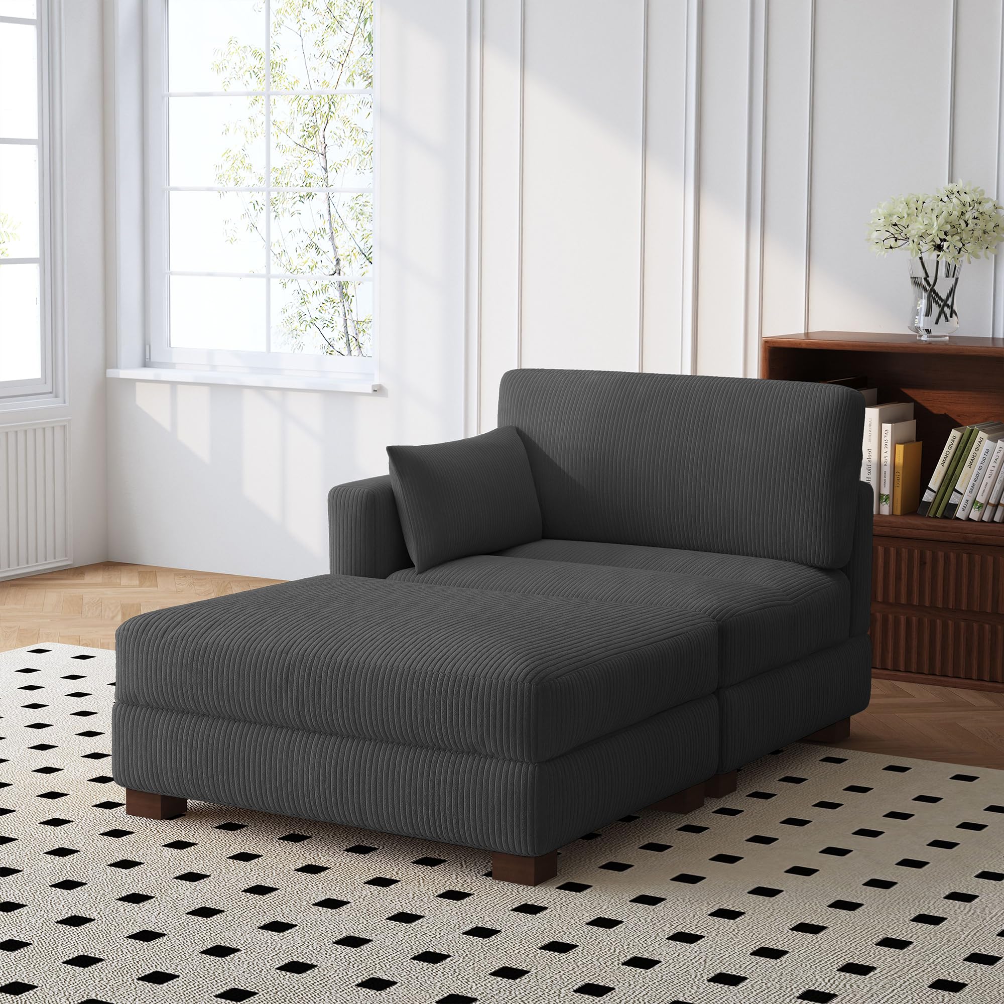 UIXE Oversized Chaise Longue Chair with Ottoman, Right Armrest Indoor Recliner Comfy Upholstered Single Lounge Sofa, Corduroy Deep Seat Cloud Couch