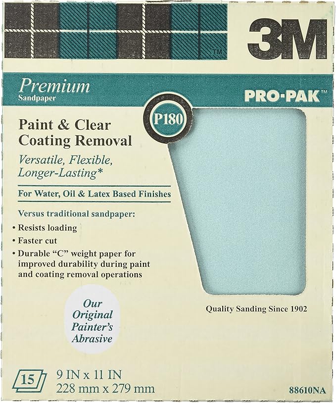 3M ProPak Sandpaper Paint and Varnish Removal, P180Cgrit, 9Inch by