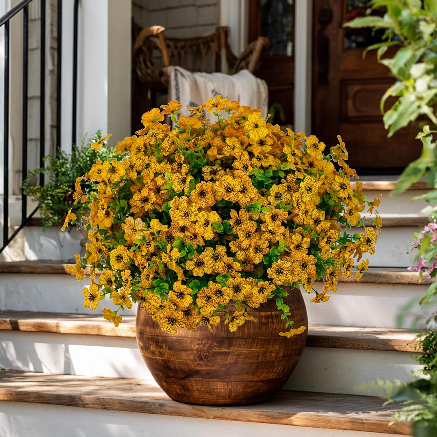 Artificial Fall Flowers for Outdoors Fake Mums - 16 Bundles Faux Plants Outside Greenery Boxwood No Fade Plastic Shrubs Decor Farmhouse Home Garden Thanksgiving (Yellow) - Image 6