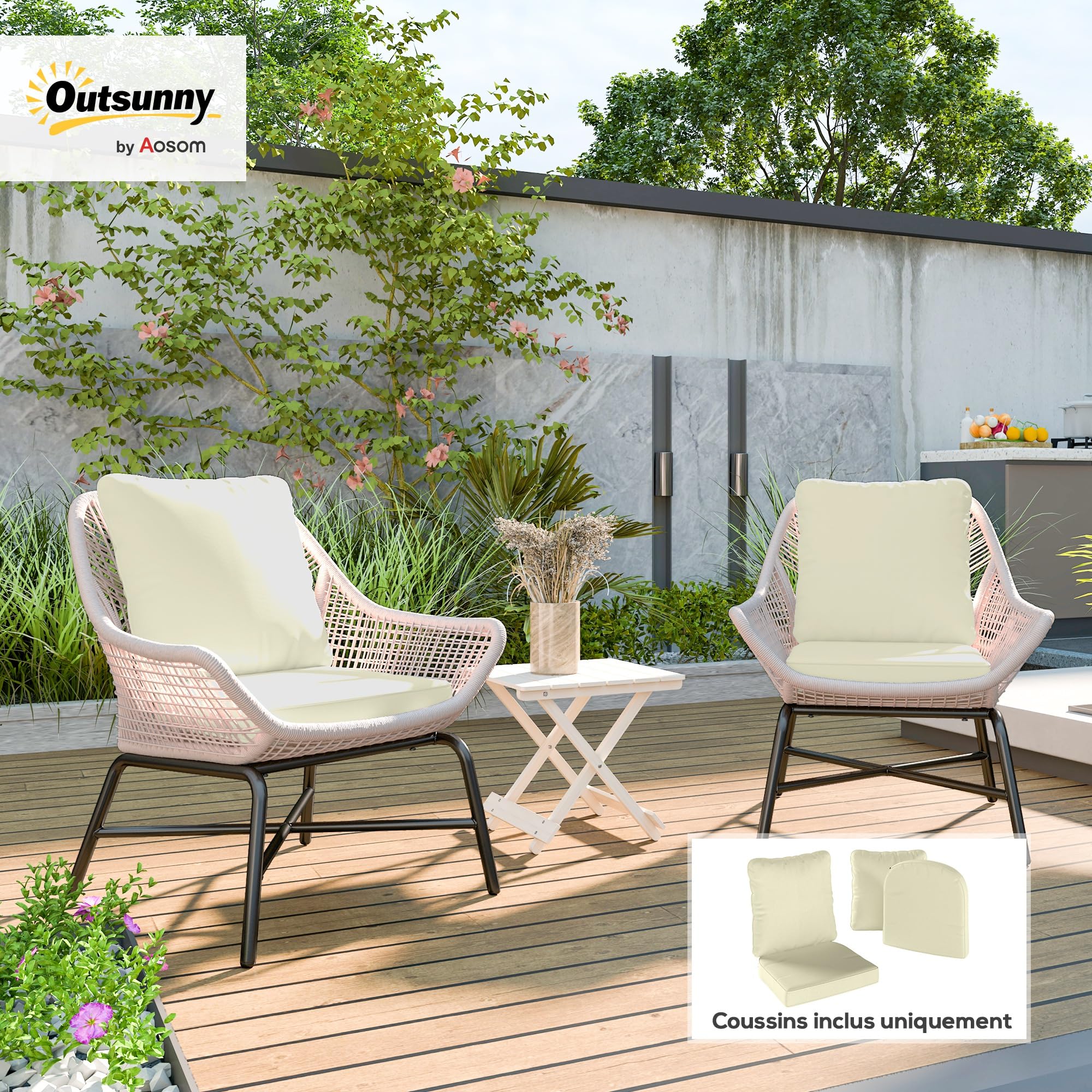 Outsunny Ensemble de 2 Coussins d'assise avec Dossier Confortable Crème