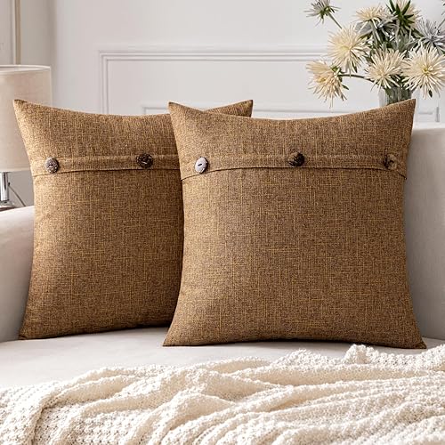 Juego de 2 fundas de almohada de lino marrón con triple botón de arpillera sólida de 18 x 18 pulgadas, fundas de almohada decorativas rústicas