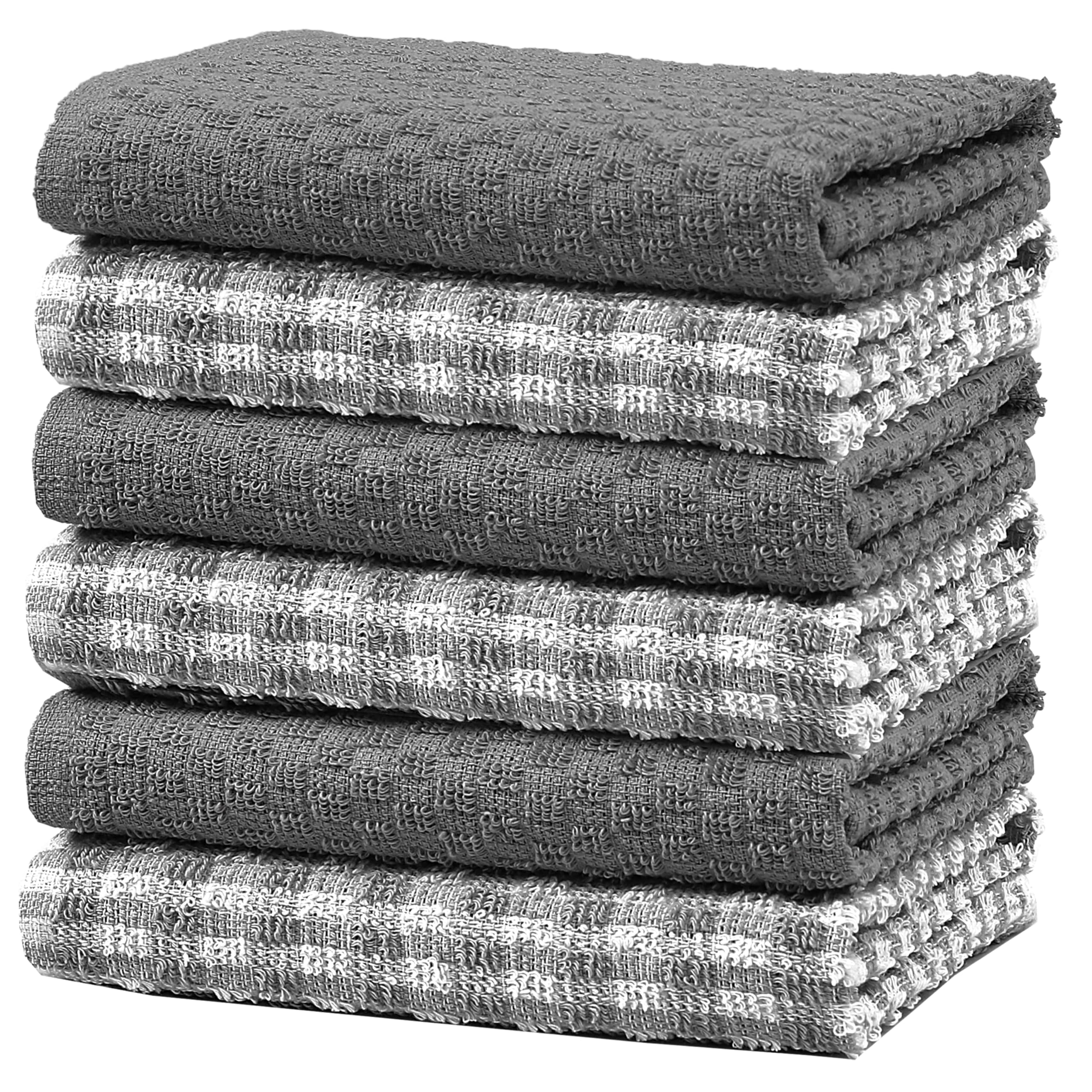 Olivia Rocco 100% Cotton Ascot Check Terry Tea Towels for Kitchen Pack of 6 Super Absorbent Dish Cloth Towel for Drying & Cleaning Household Essentials, Grey- 6 PK