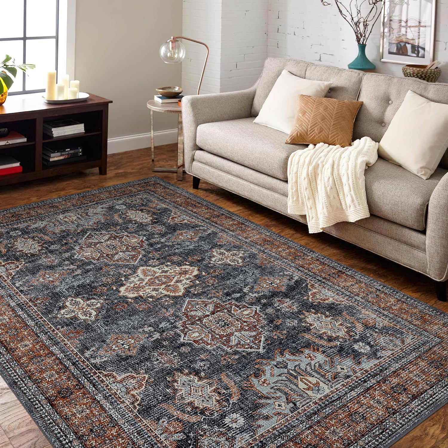Area Rugs 8x10 Living Room Rug Non Slip Washable Rug Vintage Medallion Distressed Floor Cover Ultra-Thin Stain-Resistant Throw Carpet for Bedroom Dining Room Home Office Playroom Dorm Navy