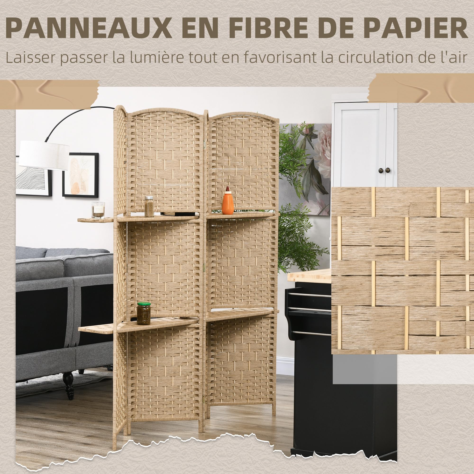 HOMCOM Paravent séparateur de pièce 4 Panneaux 160 x170 cm avec 2 étagères, Pliable, en Bois pour Le Bureau, Salon, Chambre, Bois Naturel