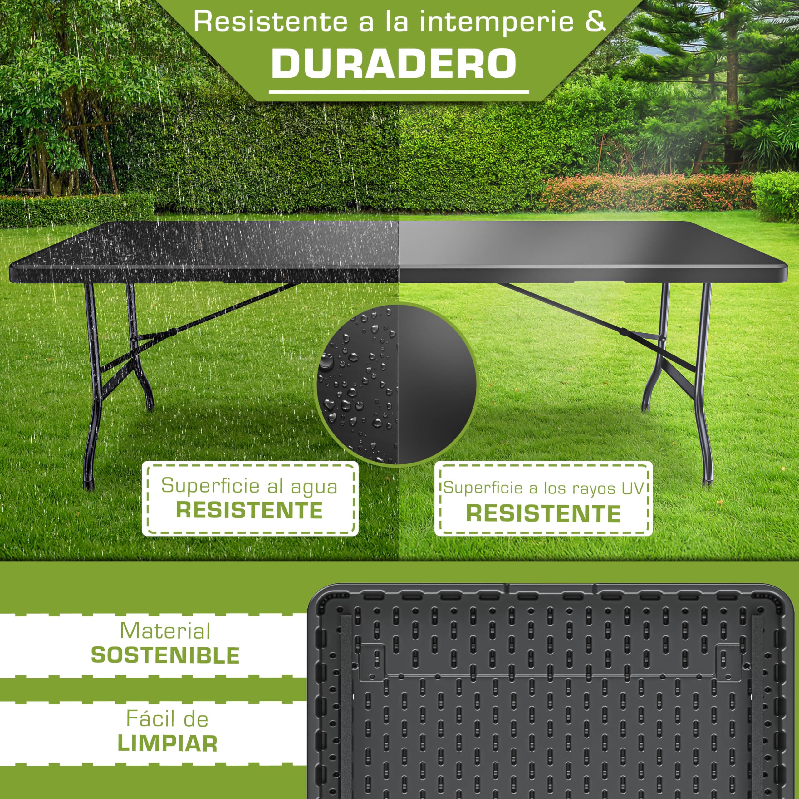 tillvex Mesa de jardín plegable de plástico de 180 x 75 cm, mesa de buffet con asa, mesa plegable para jardín, terraza y balcón, mesa de camping para 8 personas