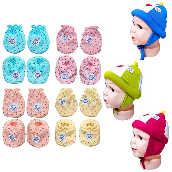 V.B.K Baby Boy and Baby Girl Mittens-Booties and Cap Set With 4 Pair Of Hand Mittens (Gloves), 4 Pair Of Leg Booties(Socks) and Cap (3 Pcs), 0 Months to 6 Months, Pure Hosiery Skin Friendly Fabric