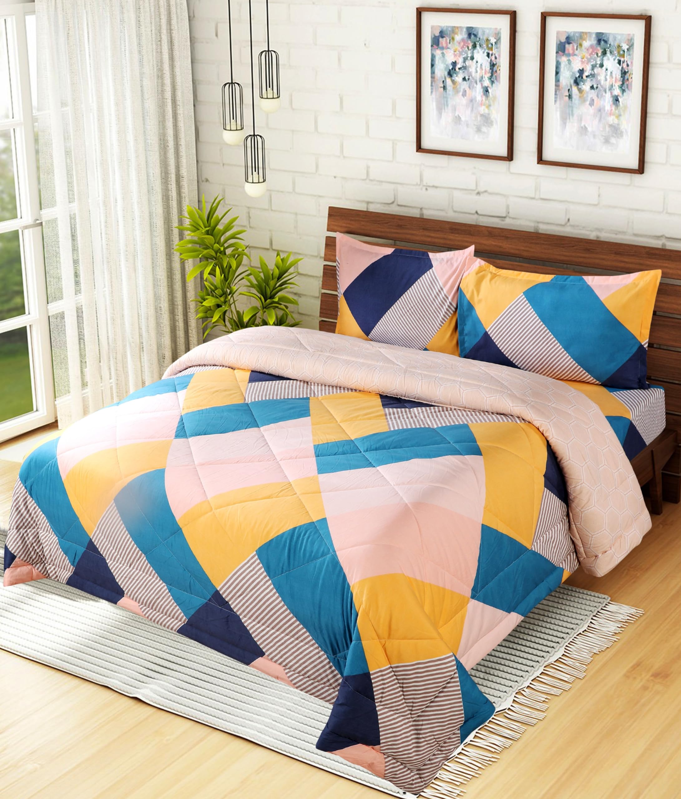 FLOATING DREAMS Reversible AC Comforter Set King Size Double Bed with Elastic Fitted Bedsheet and 2 Pillow Covers Size- 90x100 Inch (Multi Yellow)-picture-29