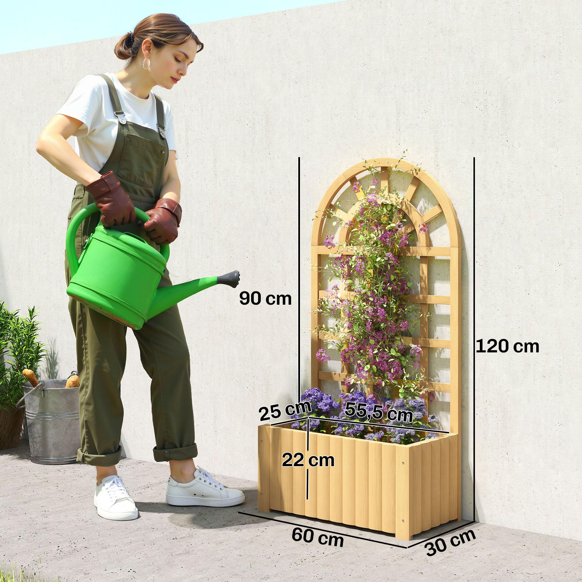 Outsunny Fioriera con griglia in legno, grande fioriera da esterno per piante rampicanti, con fori di drenaggio, vaso rialzato per giardino, patio, terrazza, 60x30x120 cm, naturale