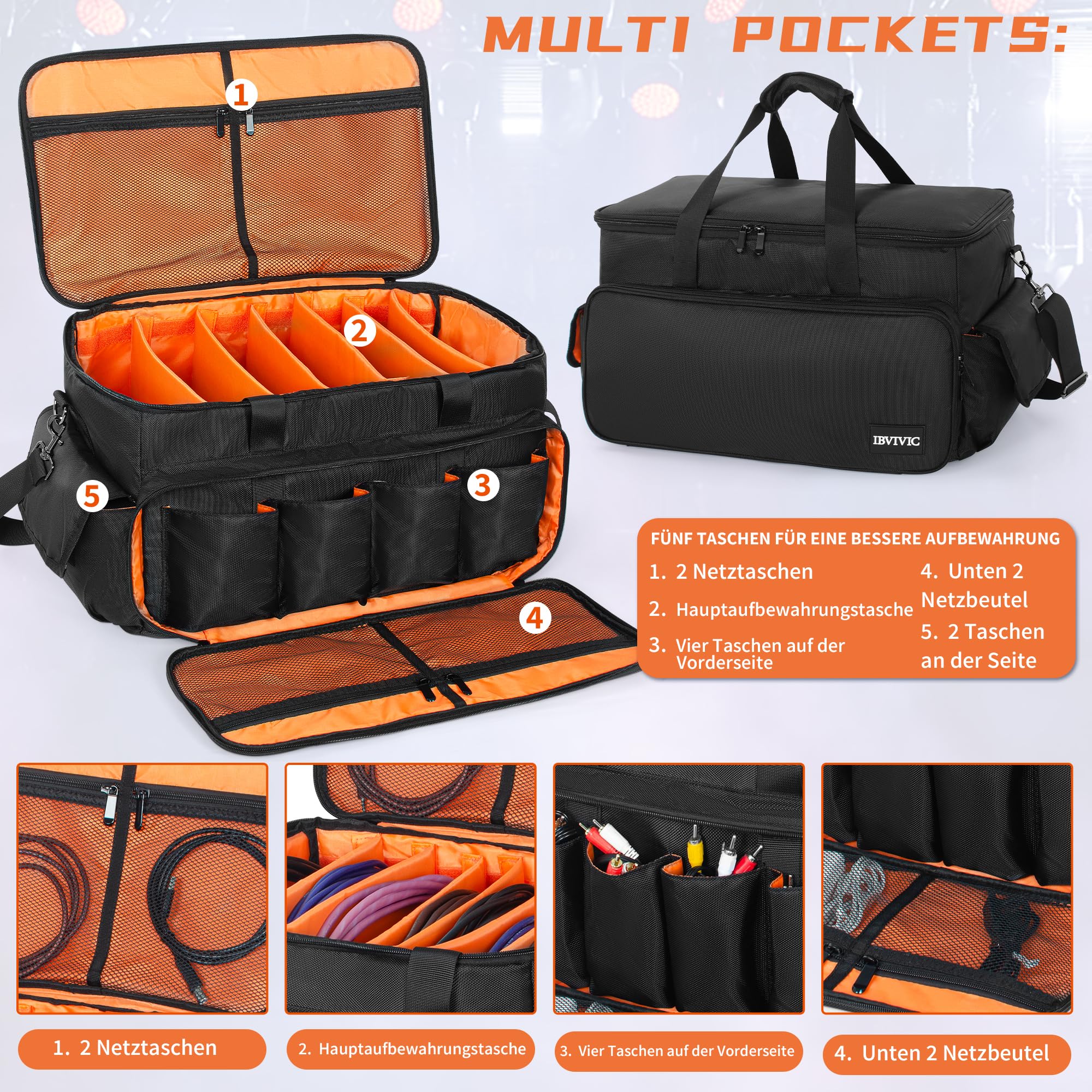 OUUTMEE Borsa per DJ, borsa portacavi, per attrezzatura musicale, 50 x 30 x 30 cm, fondo imbottito rimovibile e divisori, per attrezzatura DJ professionale, strumenti musicali e accessori
