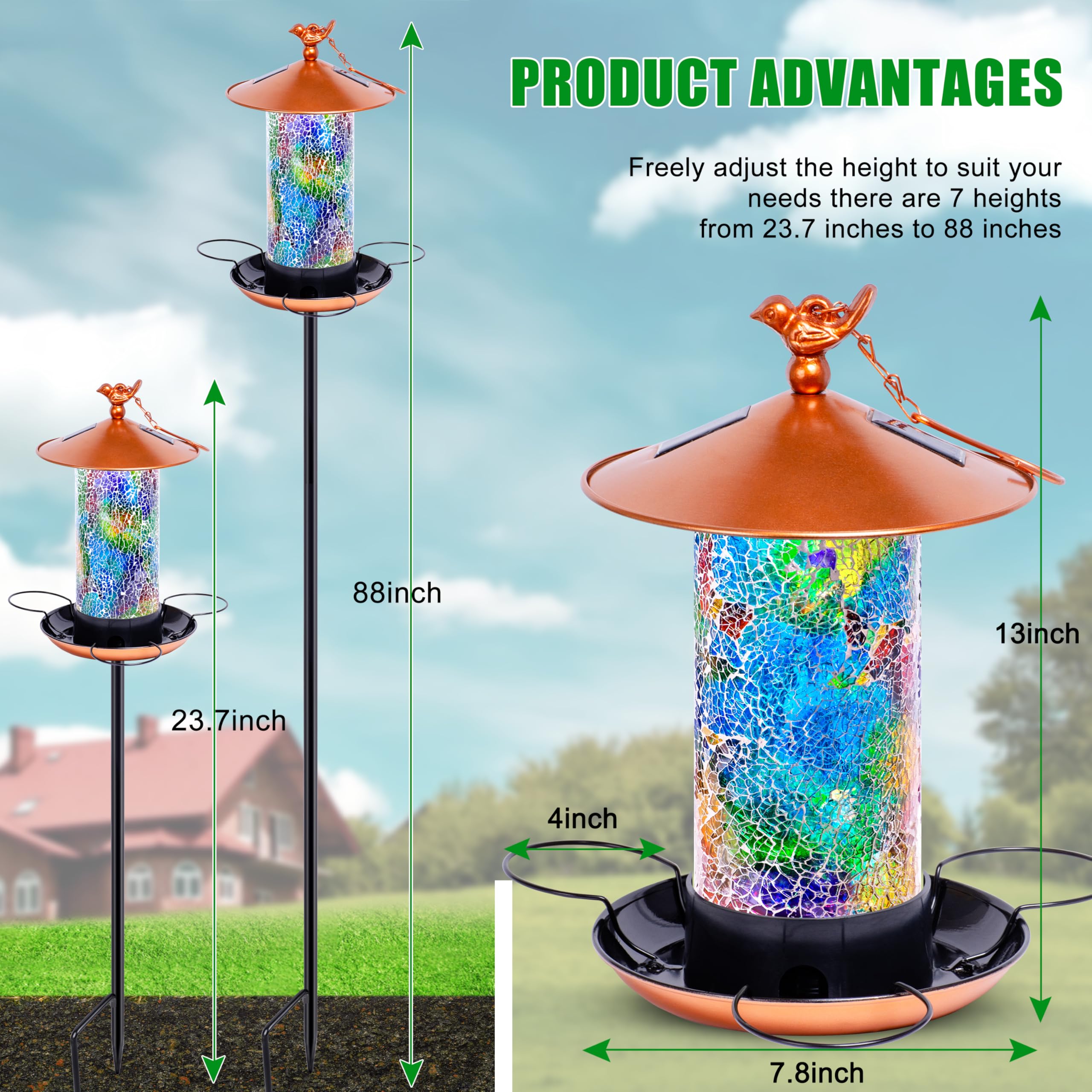 Ottsuls Comedero de pájaros con luz solar para exteriores con poste, mosaico de vidrio de lujo, linterna vintage de metal, bonito regalo para amantes de los pájaros, regalo para inauguración de la