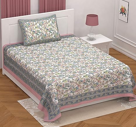 EasyGoods Ethnic Floral Bedsheet, 100% Cotton Bedsheet for Single Bed, Single Bedsheet with 1 Pillow Cover | 240 TC Premium Traditional Rajasthani Jaipuri Flat Bed Sheet (60 x 90, Pink)