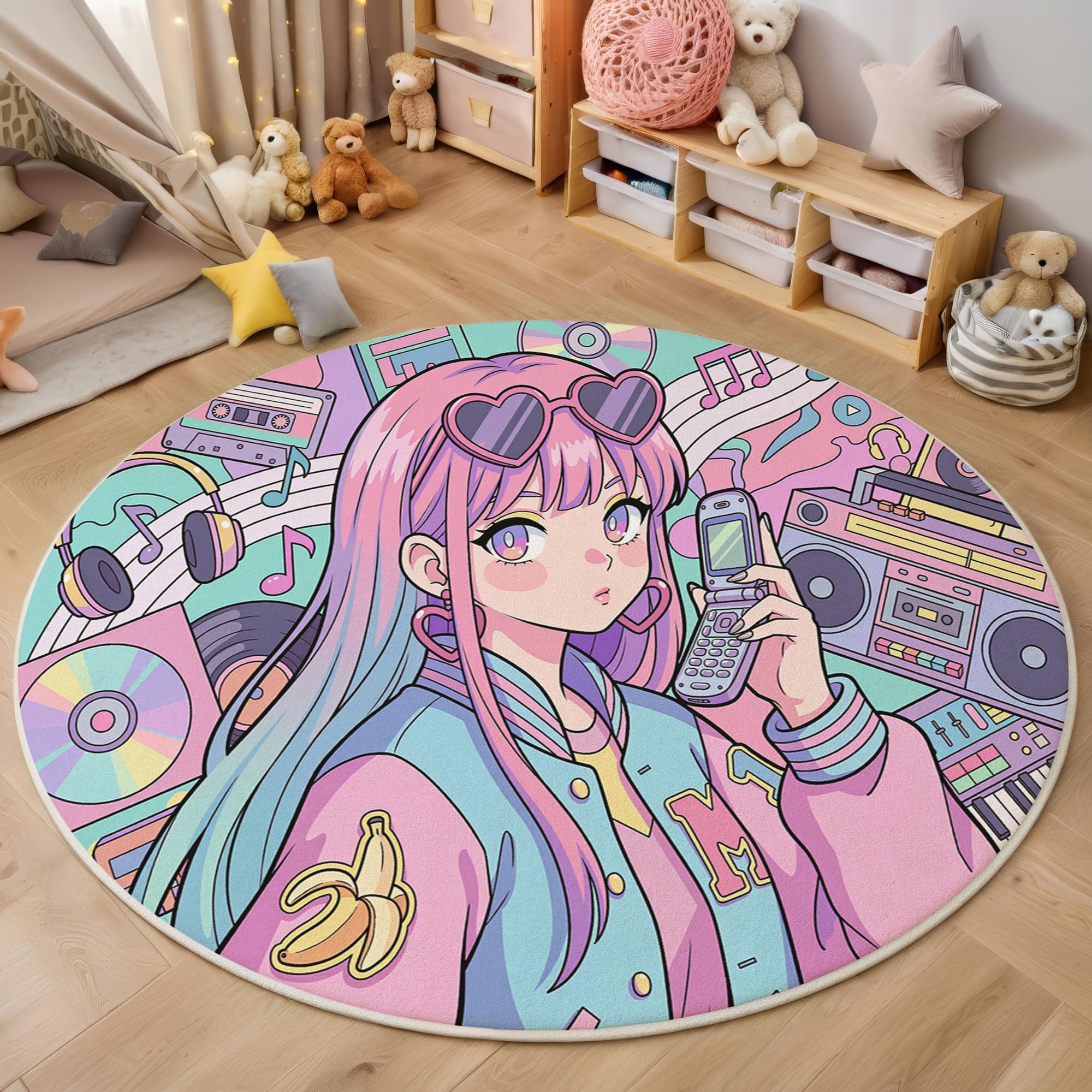 Tapis rond imprimé fille musical antidérapant et isolant pour chambre