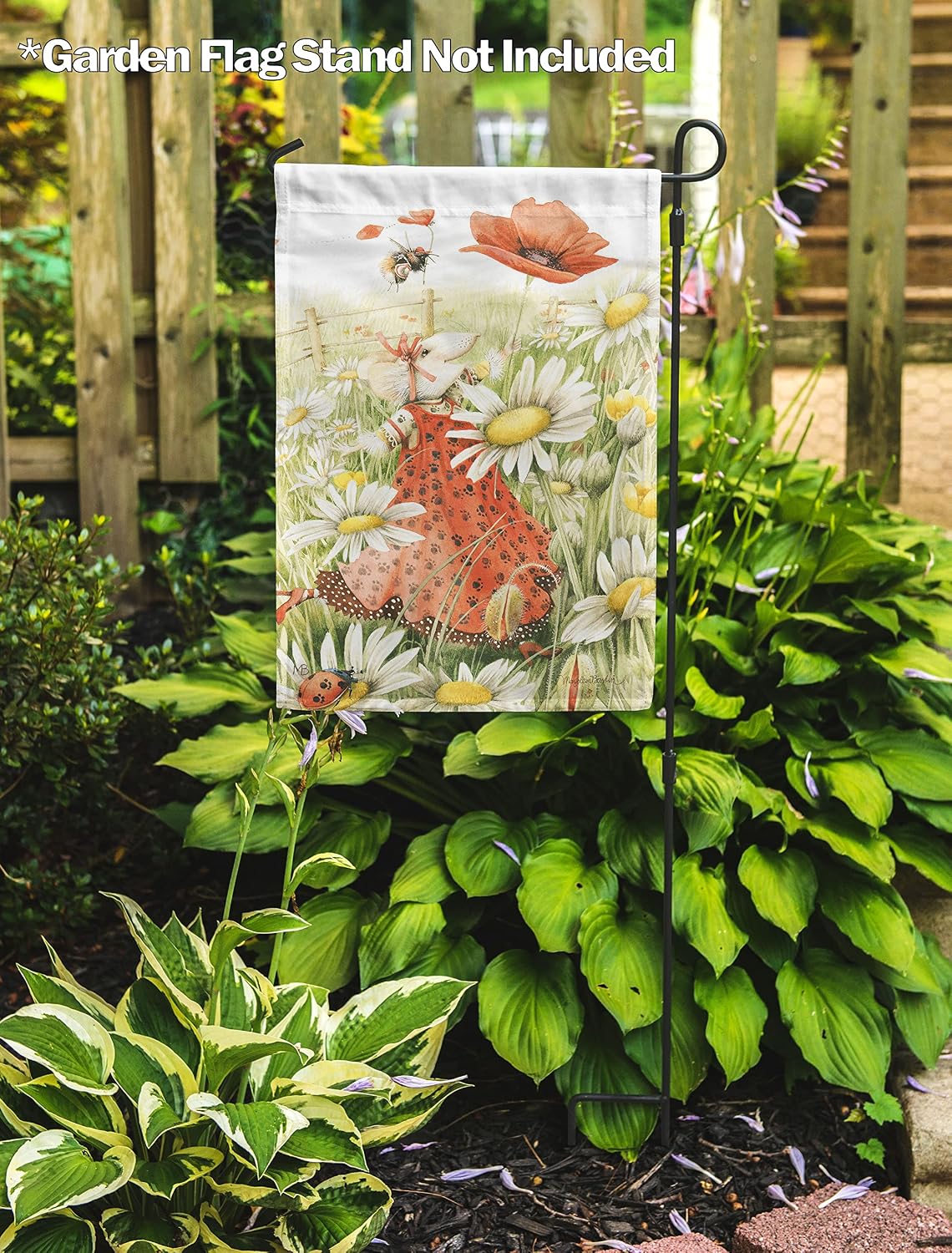 Flagology, Marjolein Bastin Spring Daisies Vera the Mouse Bianca – Garden Flag 12" x 18", Outdoor Flag, Exclusive Premium Fabric, Spring