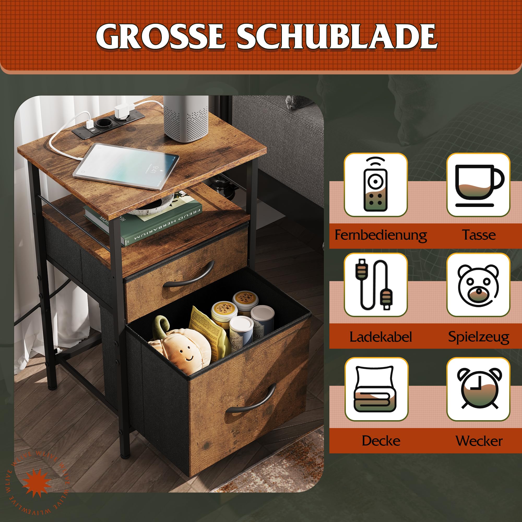 WLIVE Nachttisch mit Ladefunktion, Beistelltisch mit 2 USB-Anschlüssen & 2 Steckdosen, 3 Etagen Nachtschrank für Schlafzimmer, Wohnzimmer, Büro (Rustikal Braun)