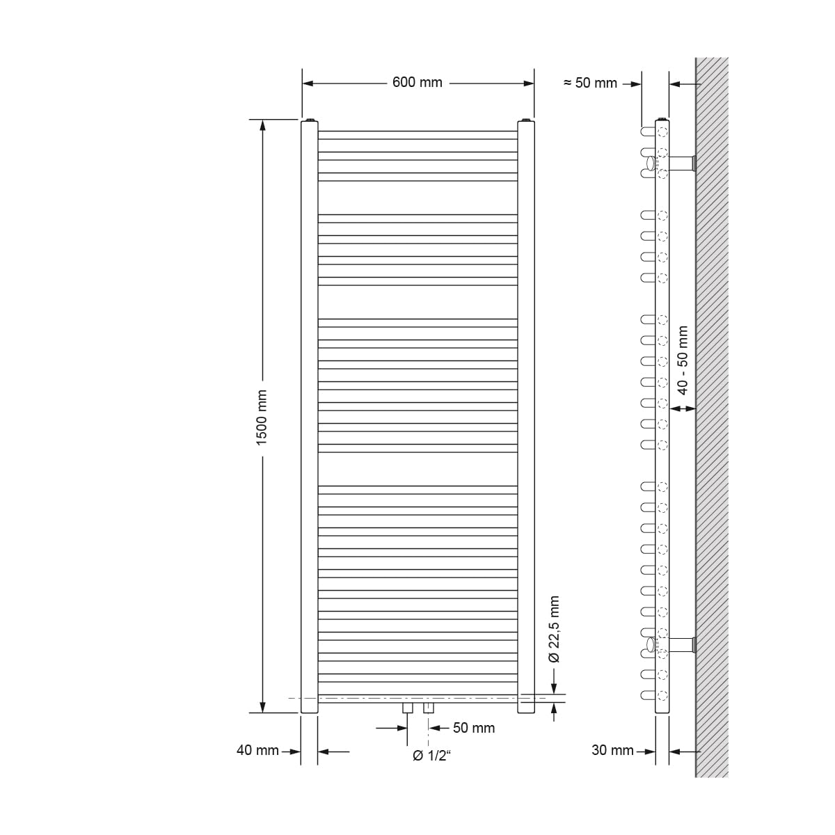 ECD Germany Radiatore da Bagno con Attacco Centrale 600 x 1500 mm Bianco Curvo con Termostato e Set di Collegamento Universale Radiatore Scaldasalviette Asciugabiancheria Termosifone Asciugamani