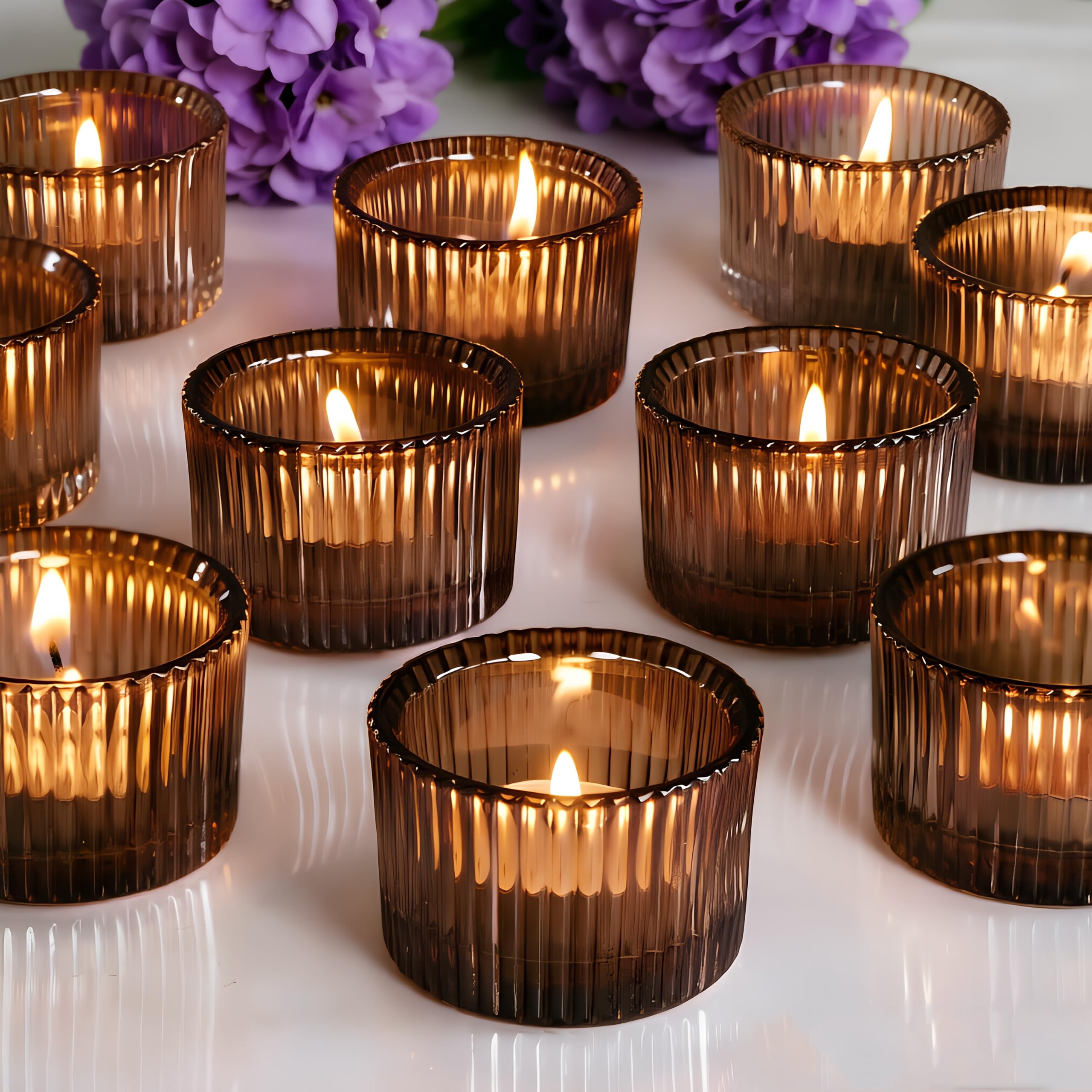 12pcs Tea Light Candle Holders Set, Glass Votive Bulk Tealight Holders for Table Centerpiece, Candlesticks for Weddings, Birthday Parties, Home Decor, Table Decor (12, tawny)