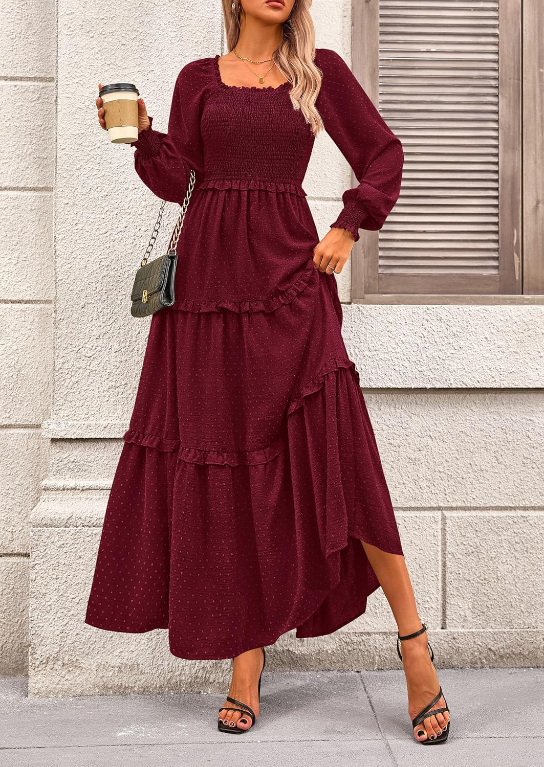 PRETTYGARDEN Fall Dresses for Women 2026 Long Sleeve Smocked Square Neck Swiss Dot Tiered Flowy Wedding Guest Maxi Dress - Image 4