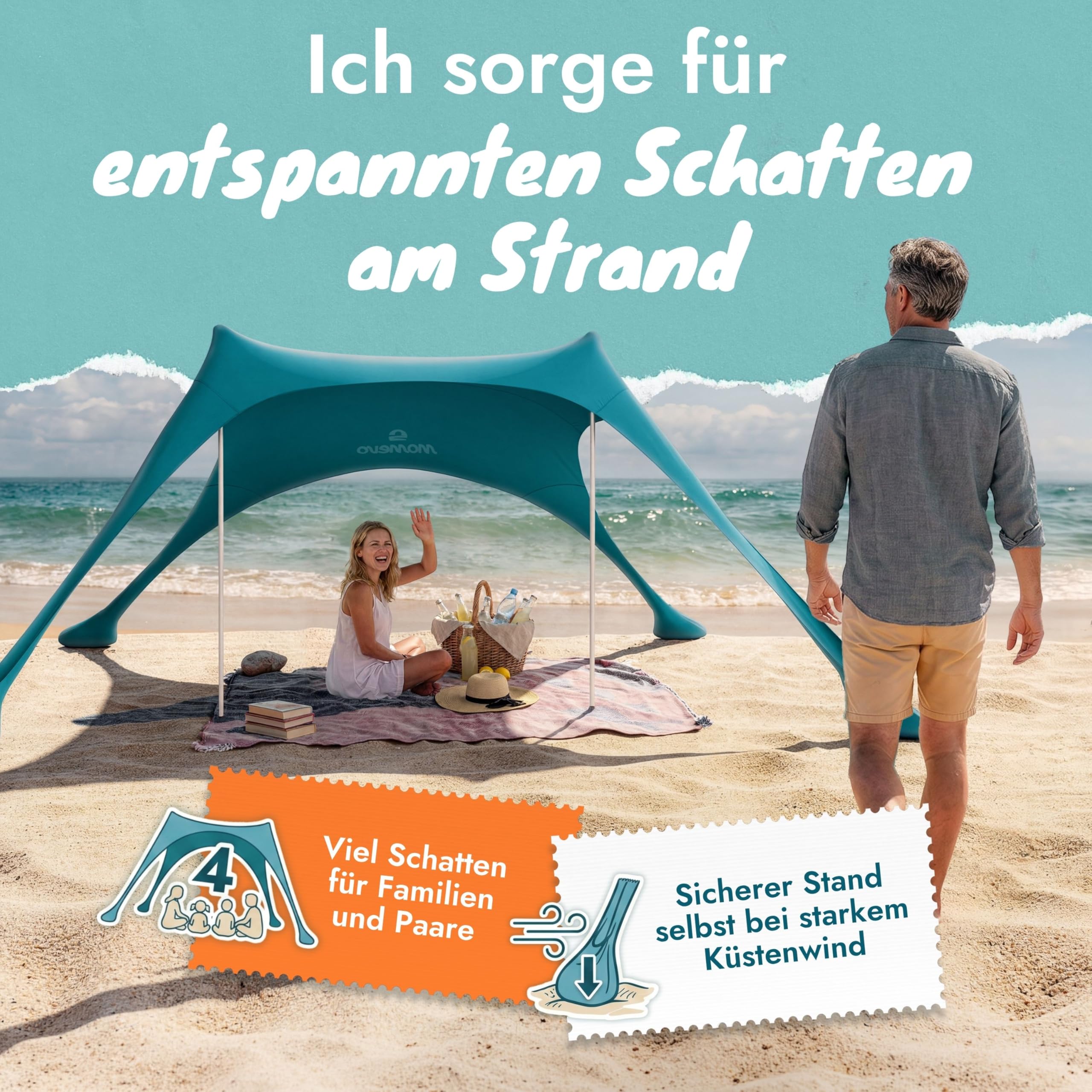 Sunsail Strandzelt Sonnensegel Strand UV Schutz UPF50+ windstabil leicht Next Level Strandmuschel 2 Stangen Petrolblau