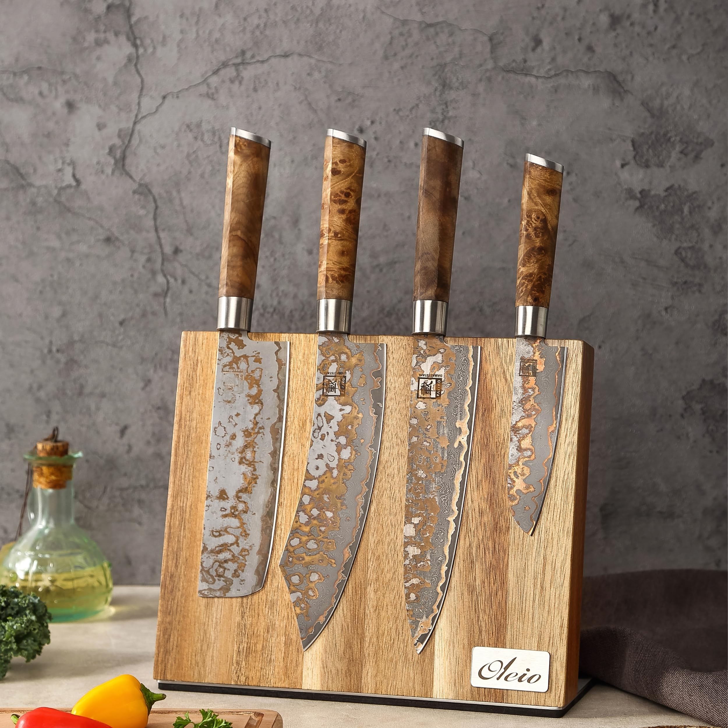 Oleio Bloc Porte-Couteaux Magnétique de Cuisine en Acacia Massif, 6 Lames
