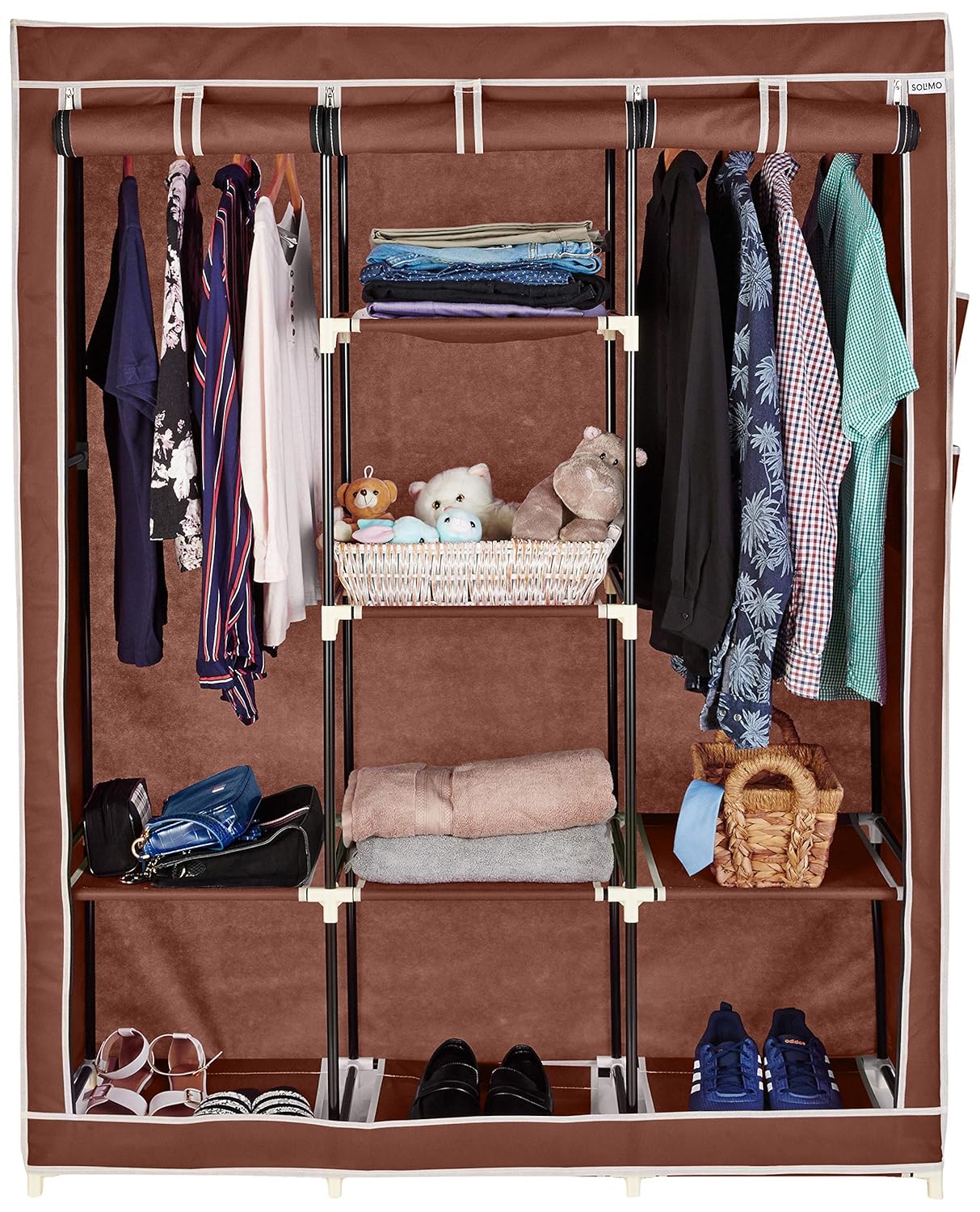 Amazon Brand Solimo 3Door Foldable Wardrobe, 8 Racks, Brown, Non