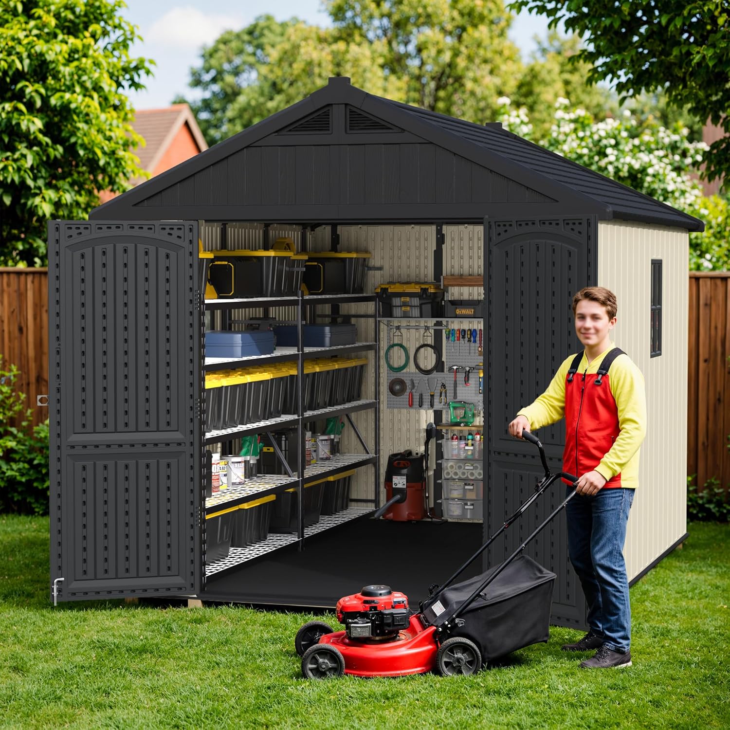 Interior view of the Greesum storage shed with organized tools and equipment