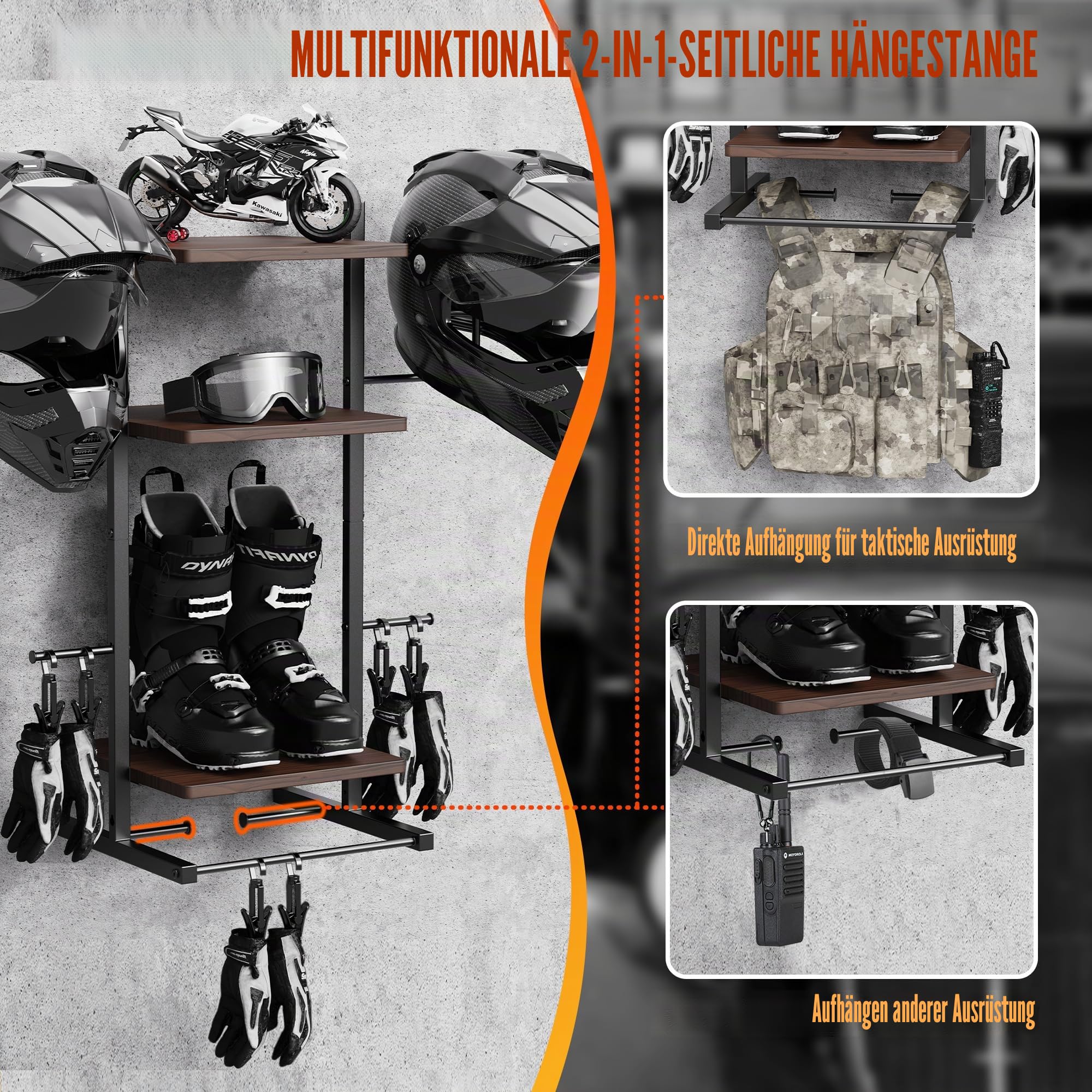 3-in-1 Wandhalter für Helm, Retro-Motorradhelm-Halter und Jackenhalter mit 3-Ebenen-Regal, Helmaufhänger zum Aufbewahren von Motorradzubehör