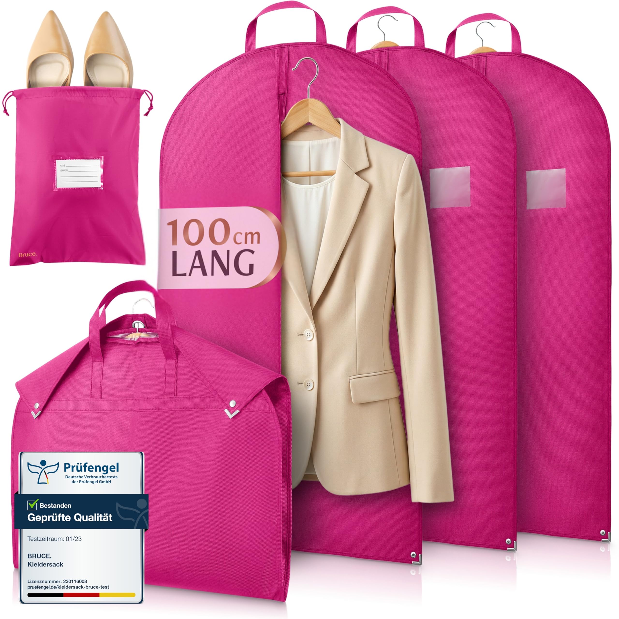 Bruce.® 3 x Short Garment Bags 100 x 60 cm Including 1 x Shoe Bag - Colour: Fuchsia - Breathable Garment Cover for Suit, Jacket & Shirt - 120 GSM Material Thickness - Suit Bag for Travel & Storage