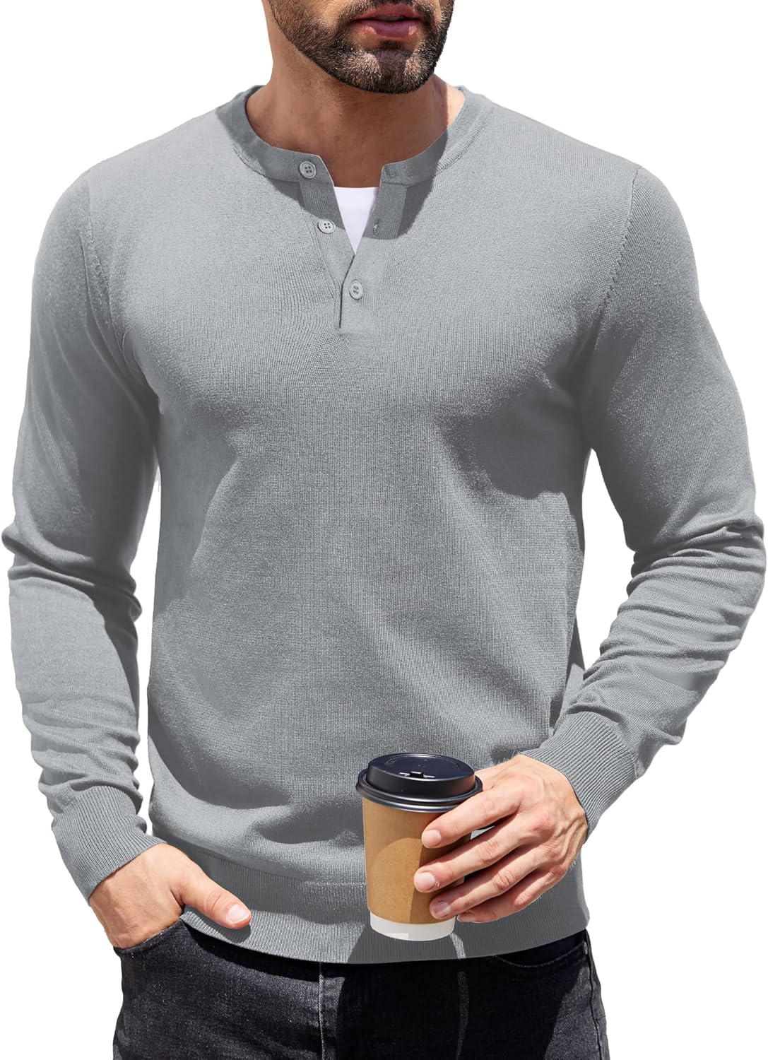 COOFANDY Men’s Knit Henley Shirts Dress Long Sleeve Sweater Casual Collarless Quarter Button Pullover