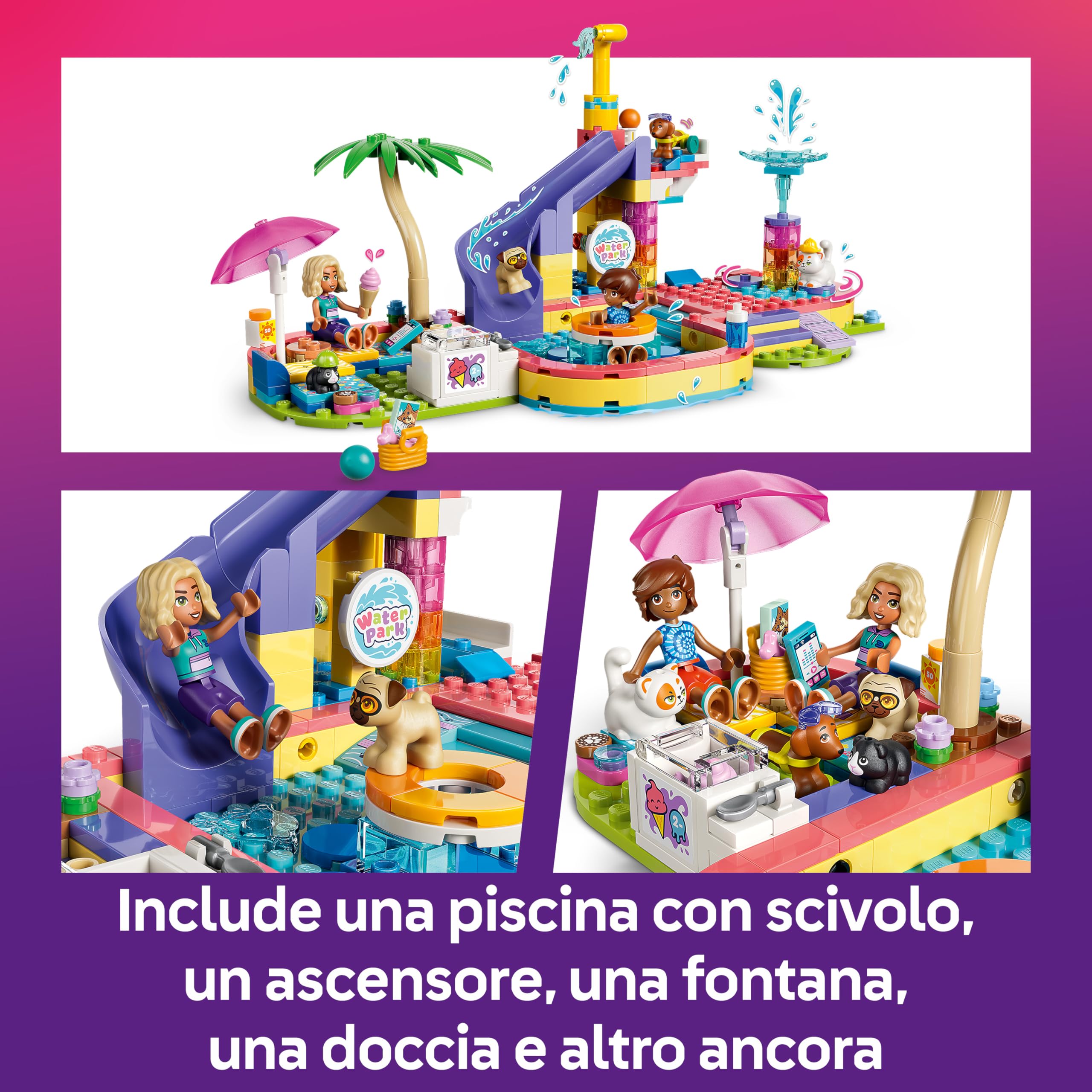 LEGO Friends Divertente Giornata al Parco Acquatico - Miniatura da Costruire Giocattolo con Scivolo, 2 Mini Bamboline, 4 Animali e Accessori - Idea Regalo di Compleanno per Bambine da 6 Anni - 42676