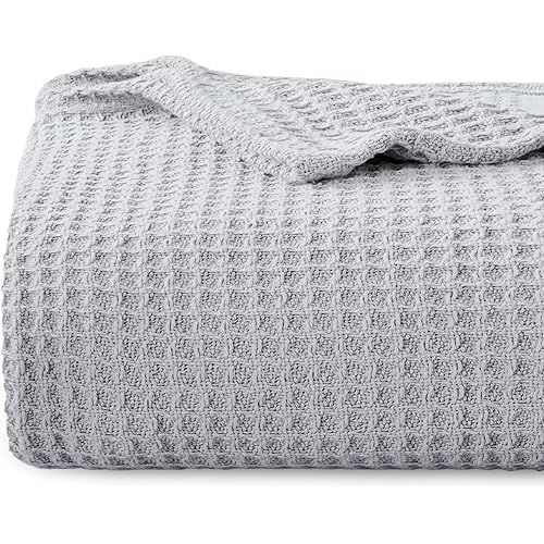 BEDSURE 100% Cotton Blankets Queen Size for Bed - 405GSM Waffle Weave Blankets for All Seasons, Cozy and Warm, Grey Soft Lightweight Woven Blankets, 90x90 inches