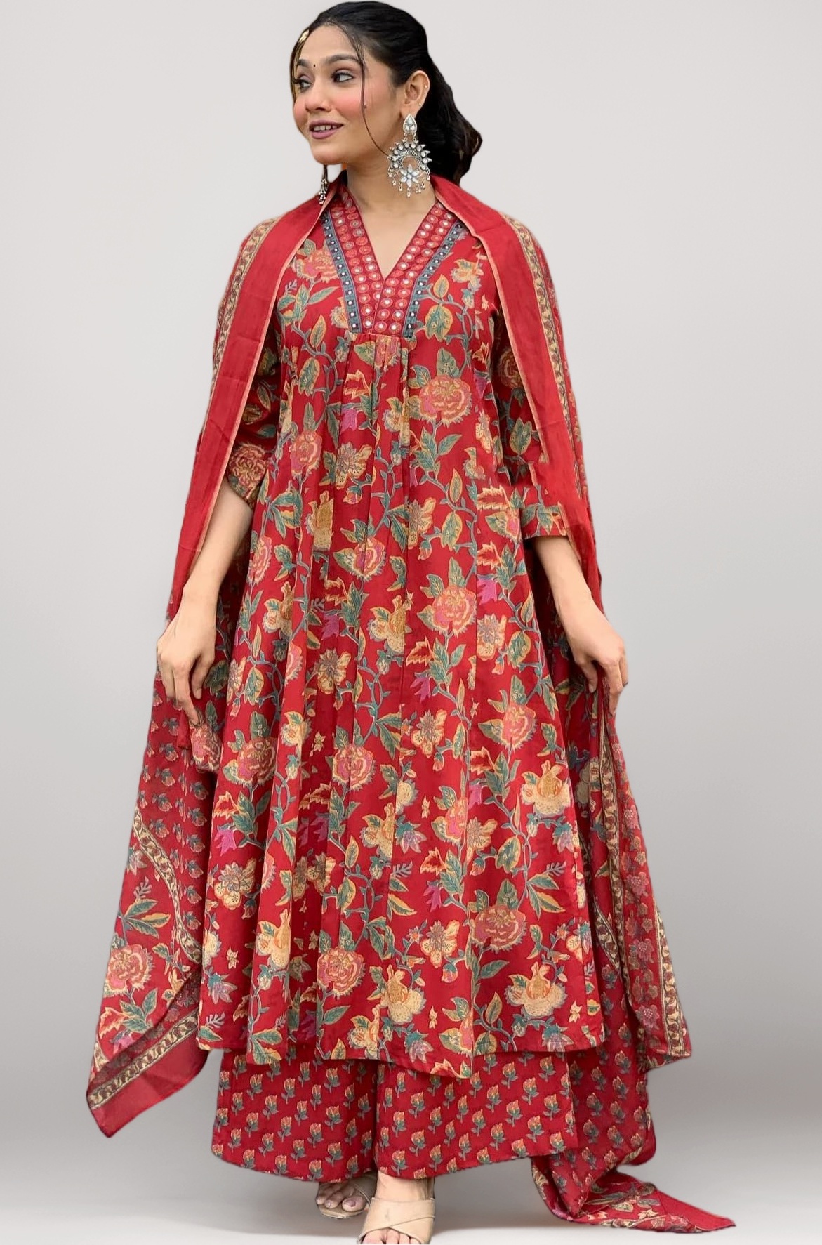 GoSriKi Women's Rayon Viscose Anarkali Printed Kurta with Palazzo & Dupatta