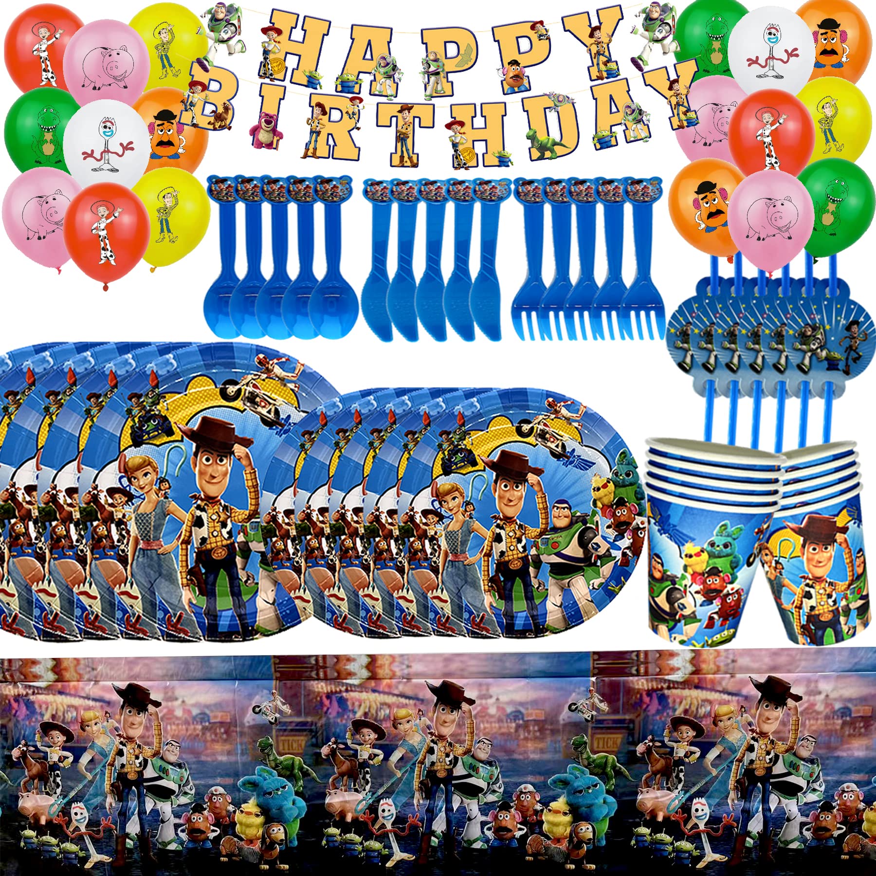 Cartoon Toy Inspired Party Supplies for Kids - Include Banner,Balloons,Plates,Paper cups,Straws,Knives,Spoon,Fork,Table Covers,Video Birthday Party Decorations Party Favor Pack Set.