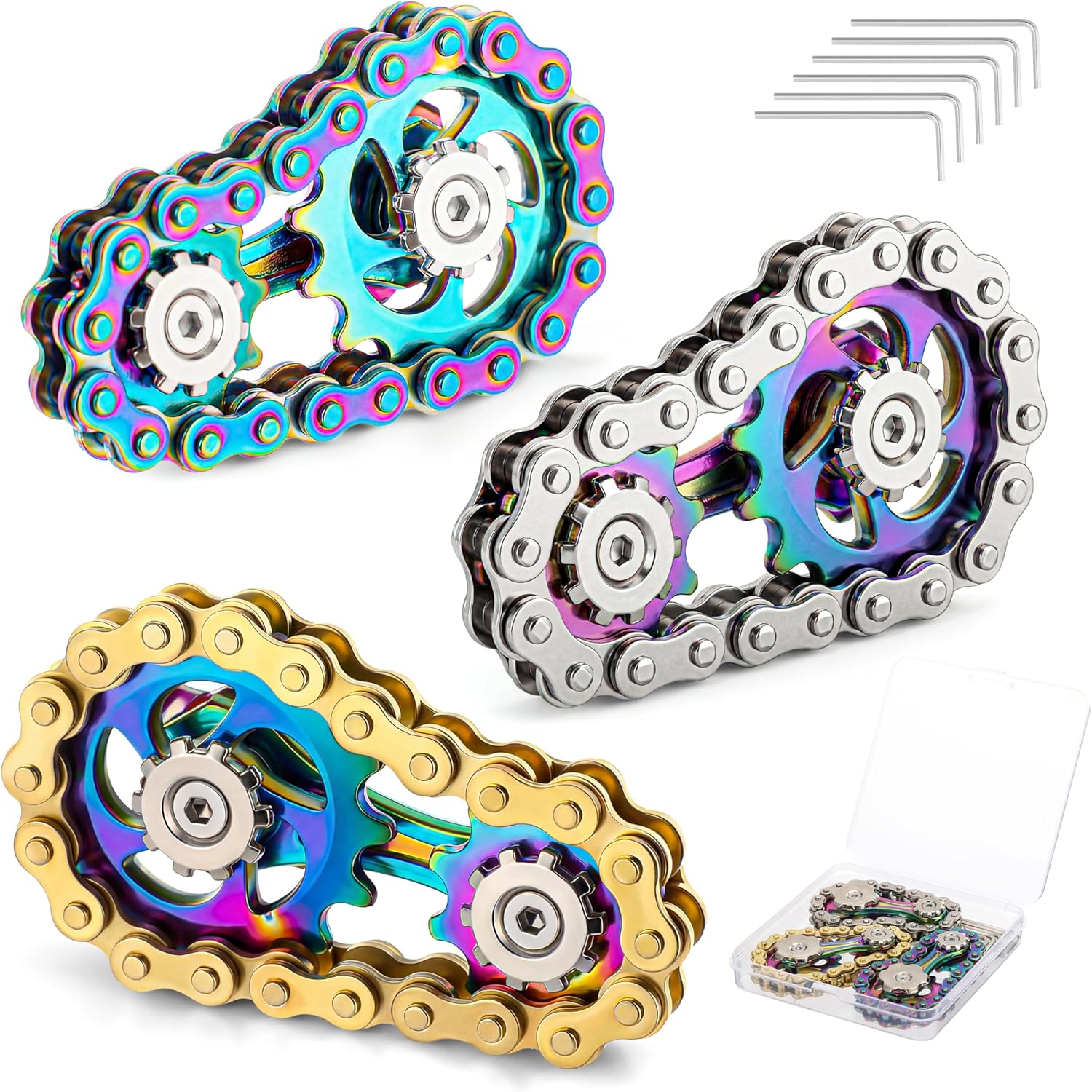 3 Pcs Metal Bike Chain Fidget Spinner Toy with Storage Box, Cool Gadgets Colorful Fidget Toys Desk Finger Sensory Gift for ADHD Anxiety Stress Relief Items Stocking Stuffers