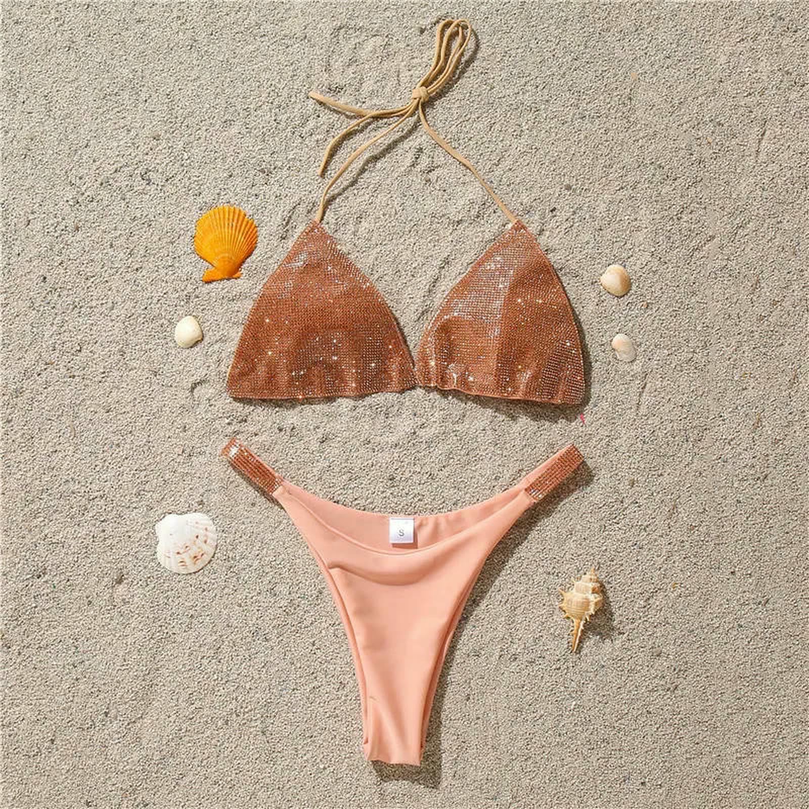 Bikini z poliestru i elastanu w panterkę ze strasami