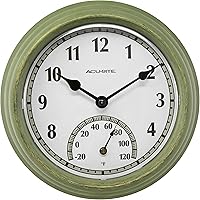 AcuRite 02470 Rustic Green 8.5" Outdoor Clock with Thermometer - Weatherproof Time & Temp for Patio Garden